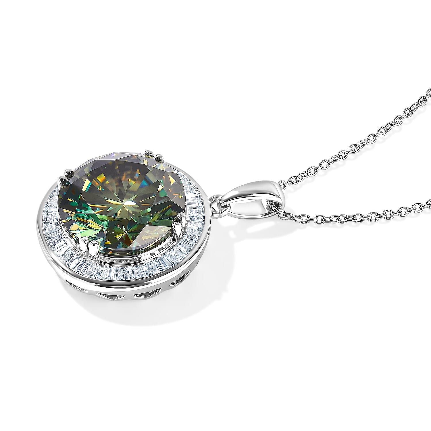 Certified and Appraised D'Joy Green and White Moissanite 10.80 ctw Pendant Necklace in Rhodium Over Sterling Silver (18 Inches)