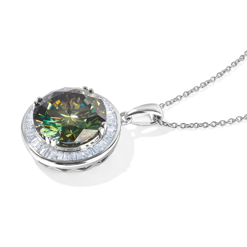 Certified and Appraised D'Joy Green and White Moissanite 10.80 ctw Pendant Necklace in Rhodium Over Sterling Silver (18 Inches)