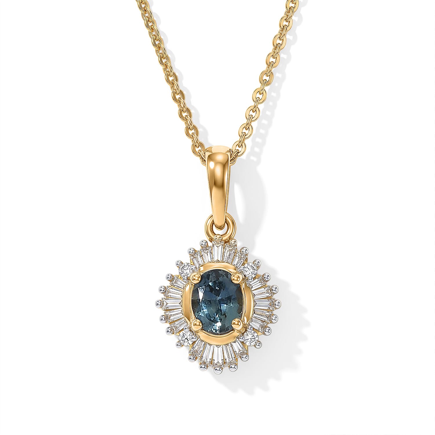 D'Joy Montana Sapphire and Diamond 0.65 ctw Summit Sunburst Pendant Necklace in 18K Vermeil Yellow Gold Over Sterling Silver 20 Inches