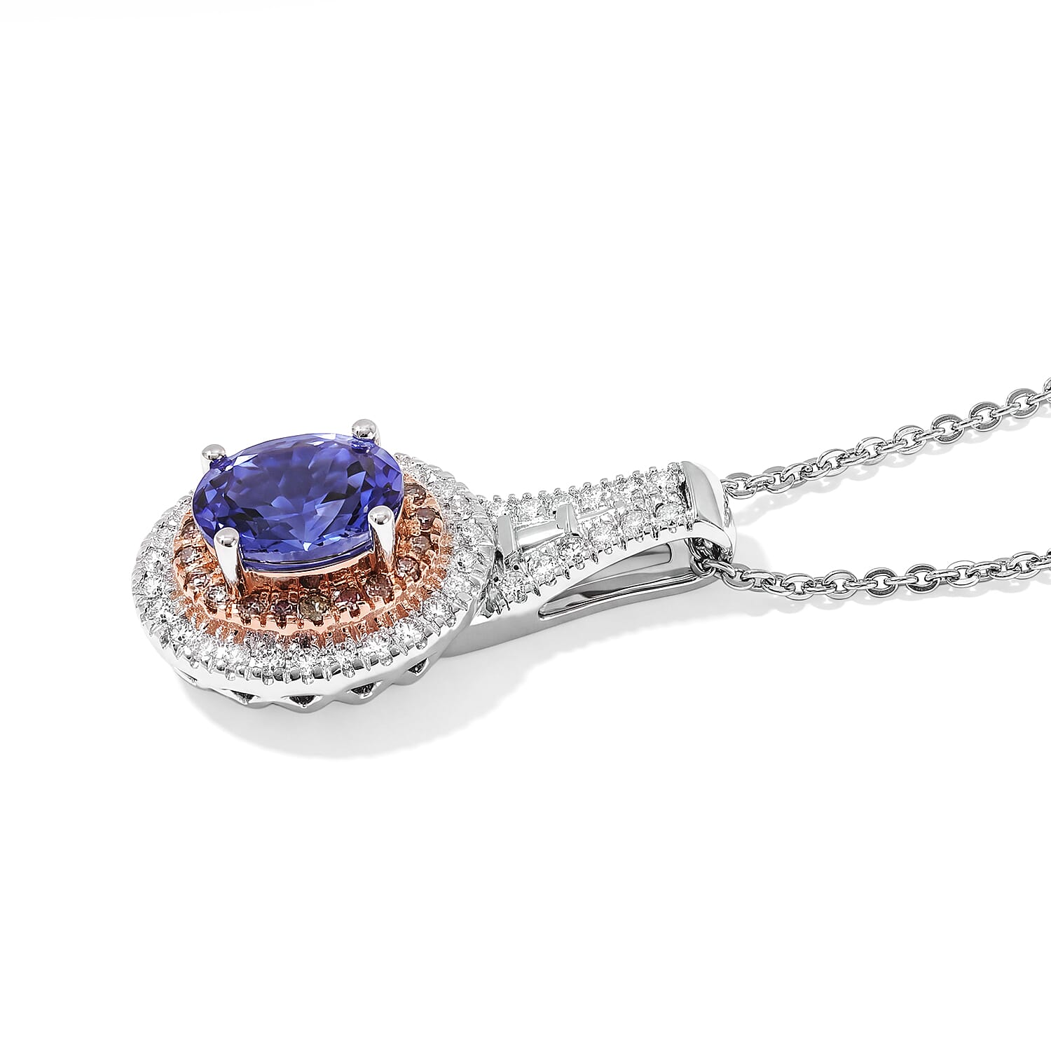 Doorbuster D'Joy Premium Tanzanite, Natural Pink and White Diamond I3 1.40 ctw Pendant Necklace in Rhodium Over Sterling Silver 20 Inches