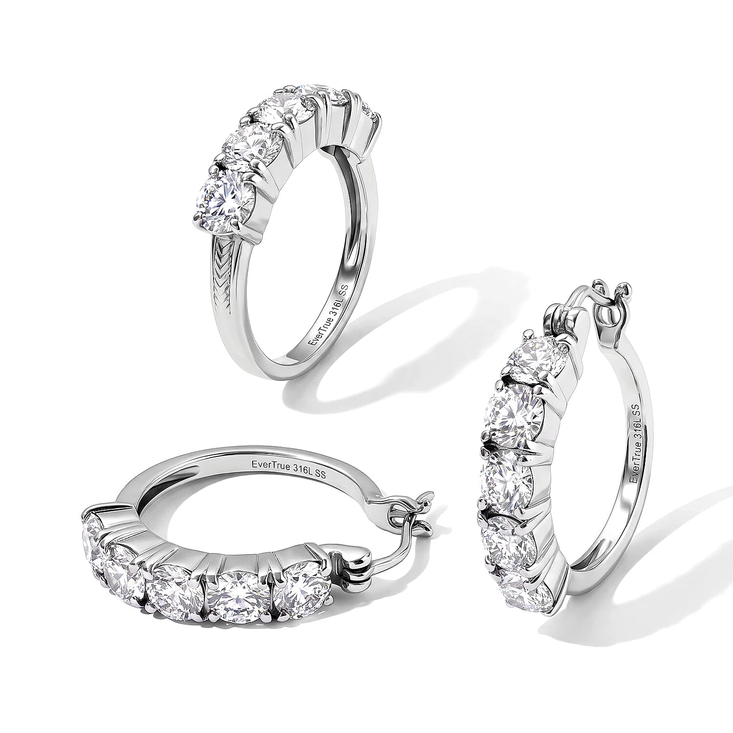 EverTrue Simulated Diamond Set of 2 Hoop Earrings and Half Eternity Band Ring (Size 5.00) in Stainless Steel