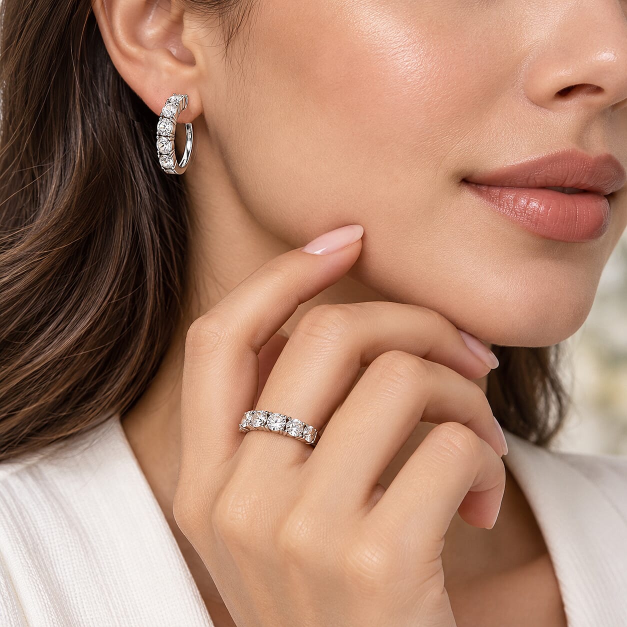 EverTrue Simulated Diamond Set of 2 Hoop Earrings and Half Eternity Band Ring (Size 5.00) in Stainless Steel