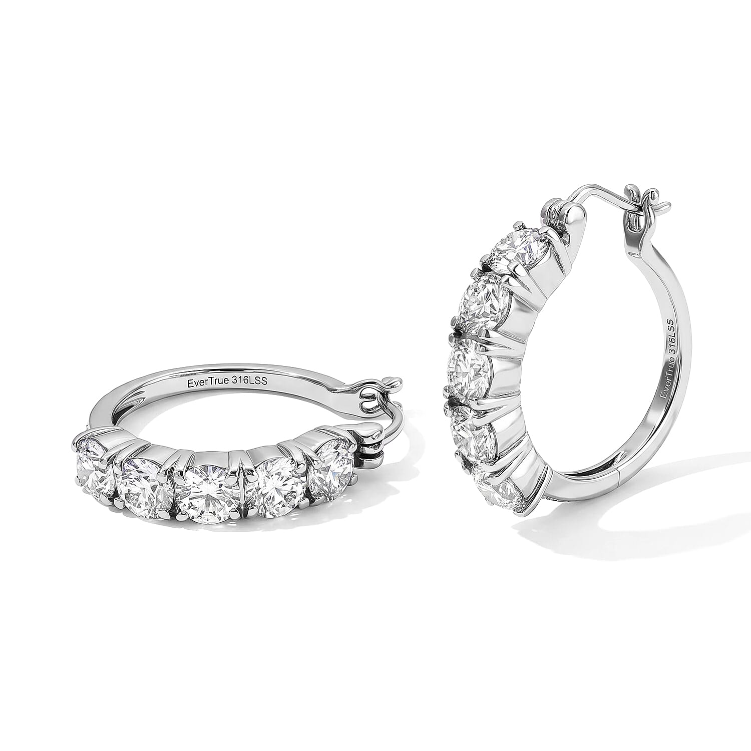 EverTrue Simulated Diamond Set of 2 Hoop Earrings and Half Eternity Band Ring (Size 5.00) in Stainless Steel