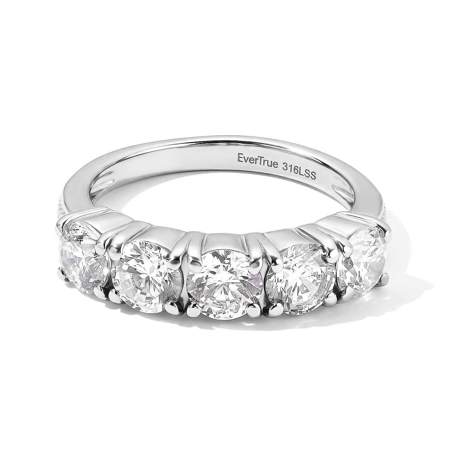 EverTrue Simulated Diamond Set of 2 Hoop Earrings and Half Eternity Band Ring (Size 5.00) in Stainless Steel