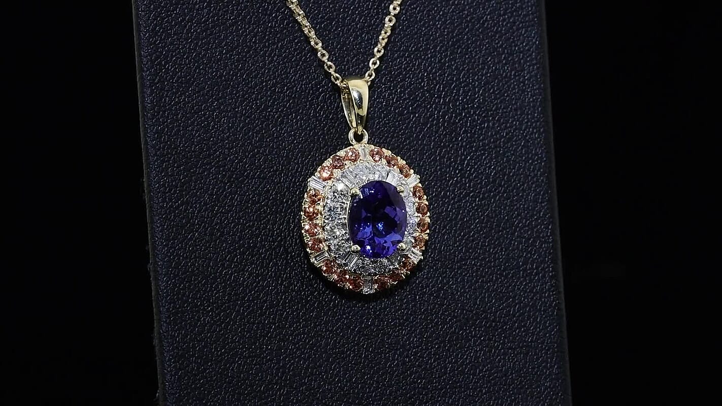 Certified & Appraised 10K Yellow Gold AAA Tanzanite and Padparadscha Sapphire, Luxuriant Lab Grown Diamond (G-H, SI) (0.55 cts) Pendant Necklace (18 Inches) 3.50 ctw