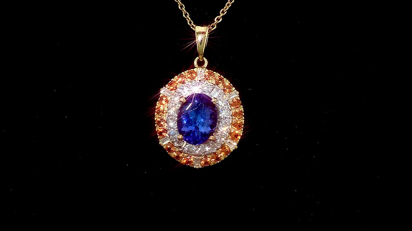 Certified & Appraised 10K Yellow Gold AAA Tanzanite and Padparadscha Sapphire, Luxuriant Lab Grown Diamond (G-H, SI) (0.55 cts) Pendant Necklace (18 Inches) 3.50 ctw