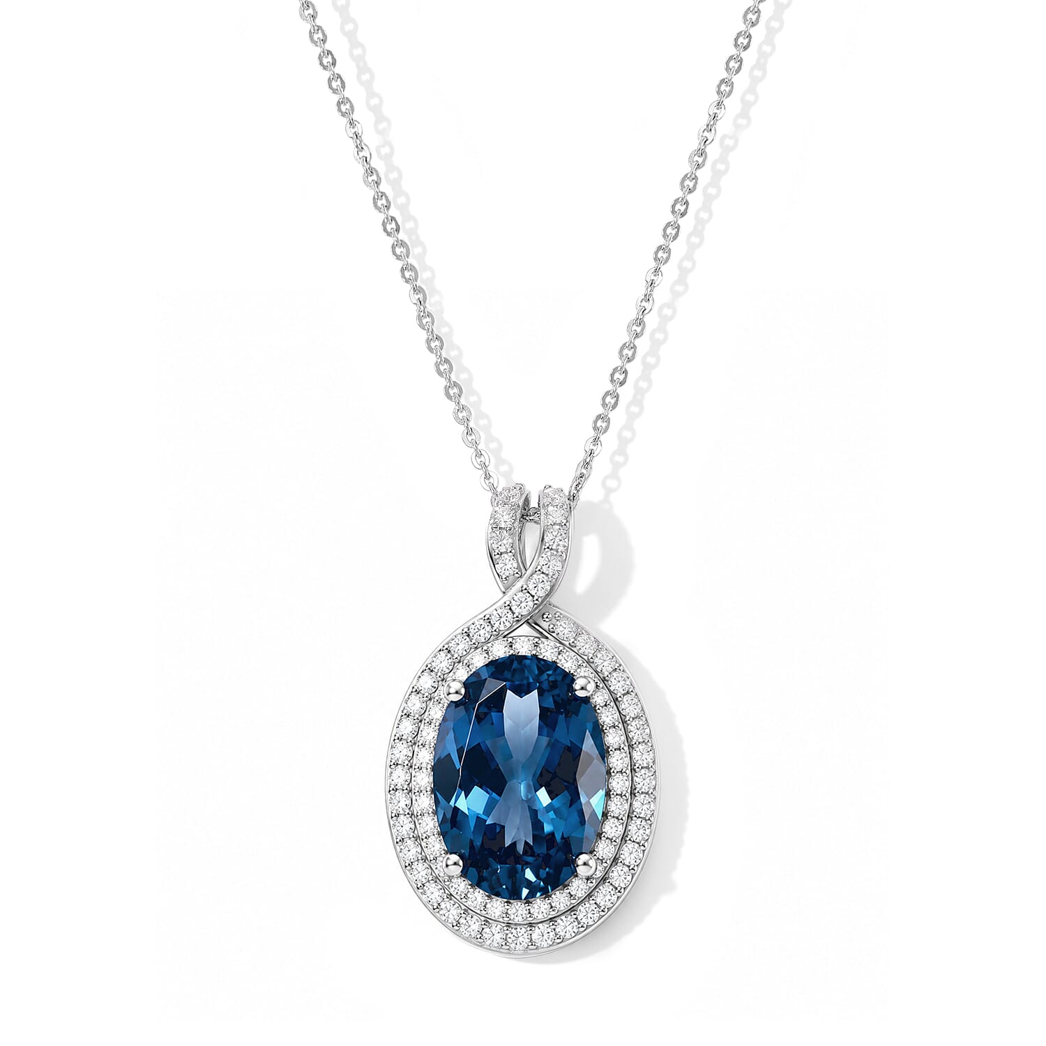 D'Joy Premium London Blue Topaz and Moissanite 7.40 ctw Pendant Necklace in Rhodium Over Sterling Silver 20 Inches