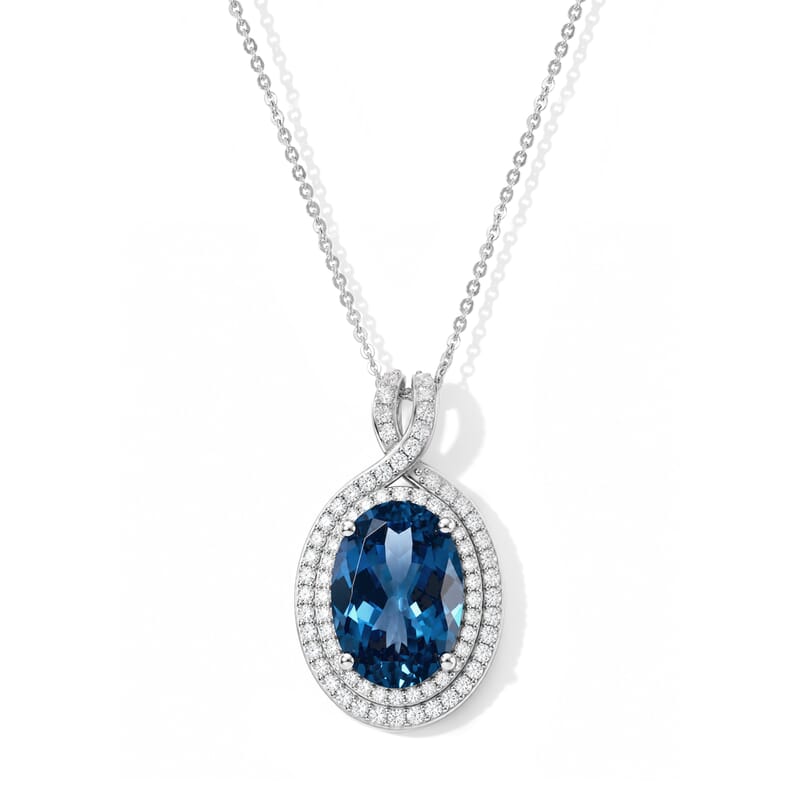 D'Joy Premium London Blue Topaz and Moissanite 7.40 ctw Pendant Necklace in Rhodium Over Sterling Silver 20 Inches
