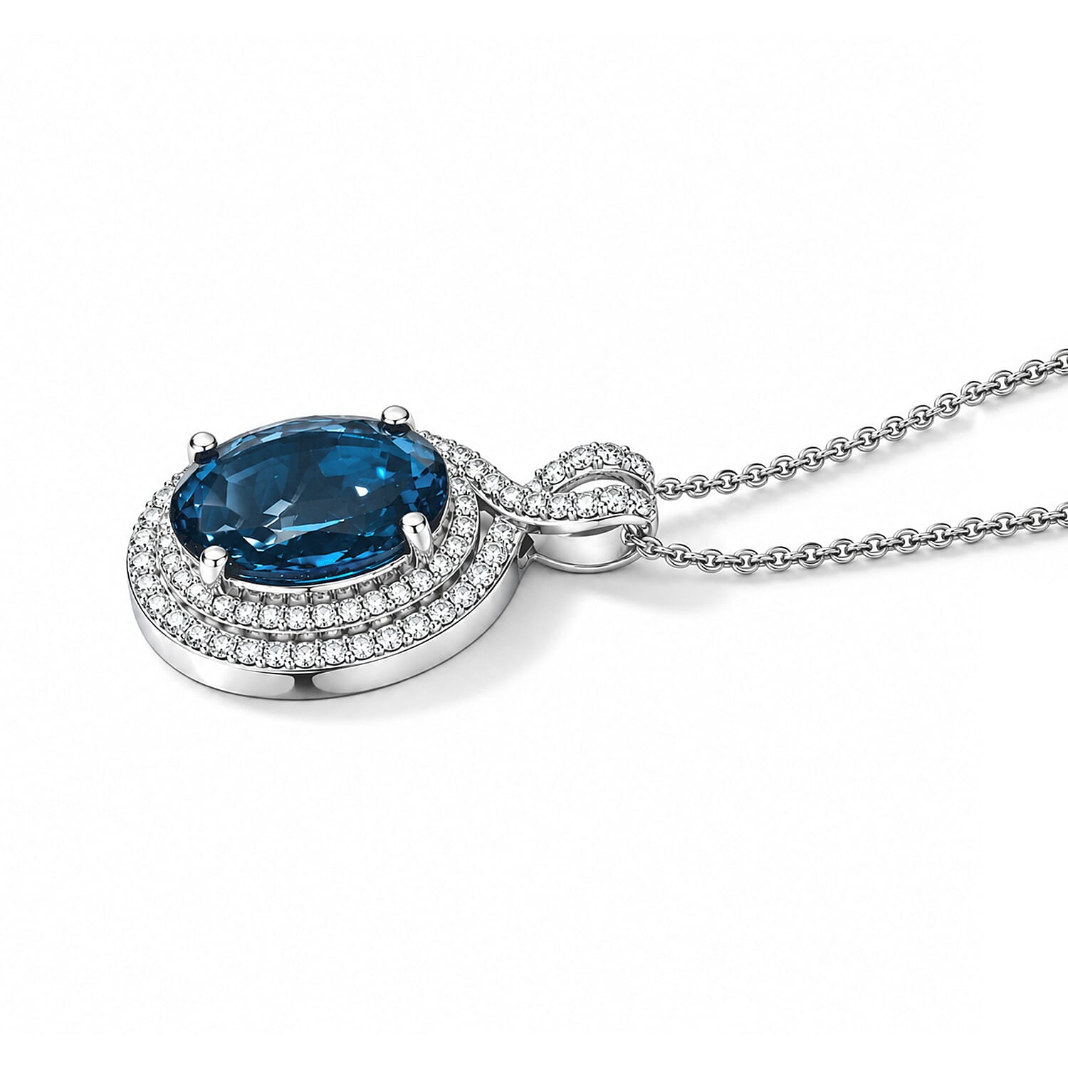 D'Joy Premium London Blue Topaz and Moissanite 7.40 ctw Pendant Necklace in Rhodium Over Sterling Silver 20 Inches