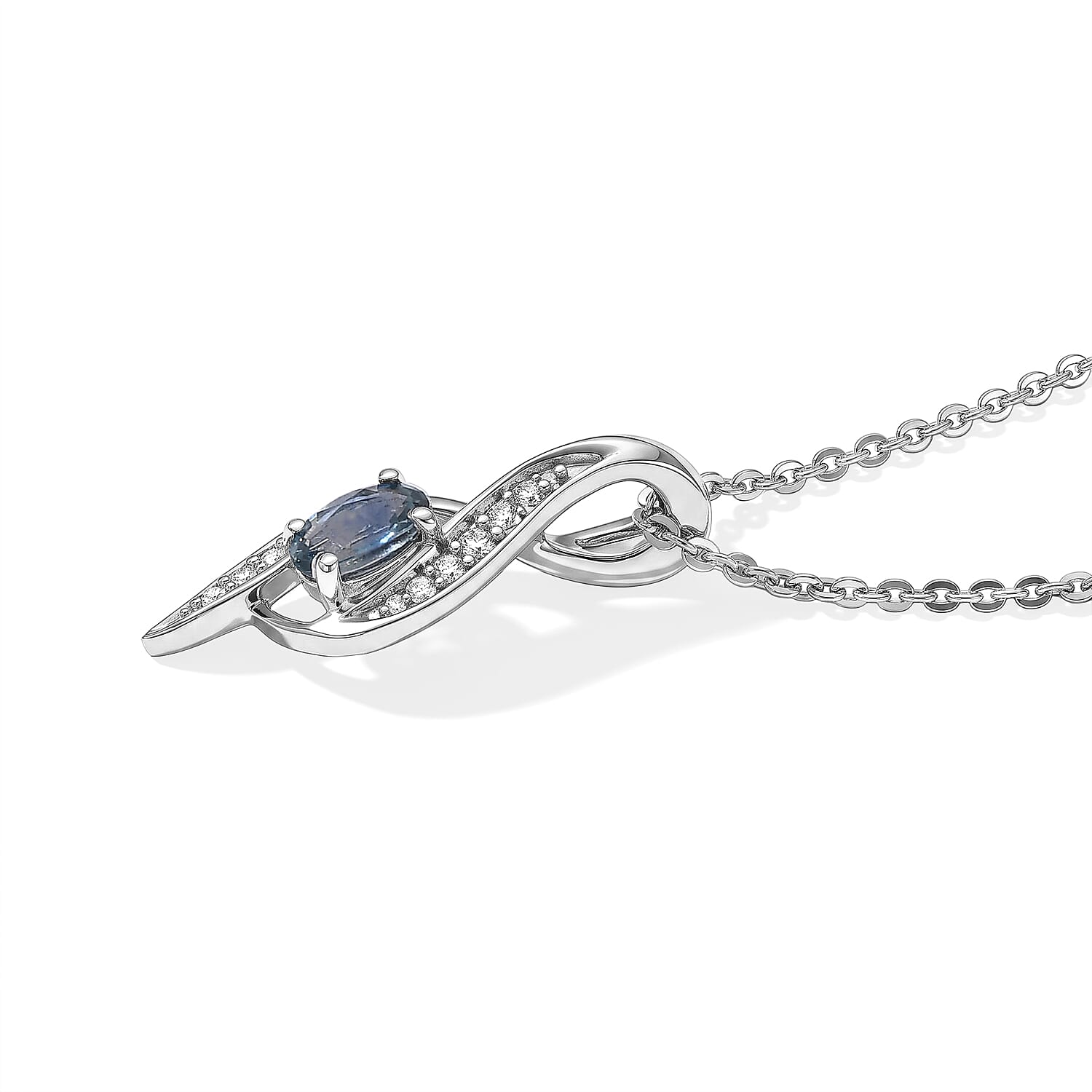 D'Joy Montana Sapphire and White Zircon 0.40 ctw Pendant Necklace in Rhodium Over Sterling Silver 20 Inches