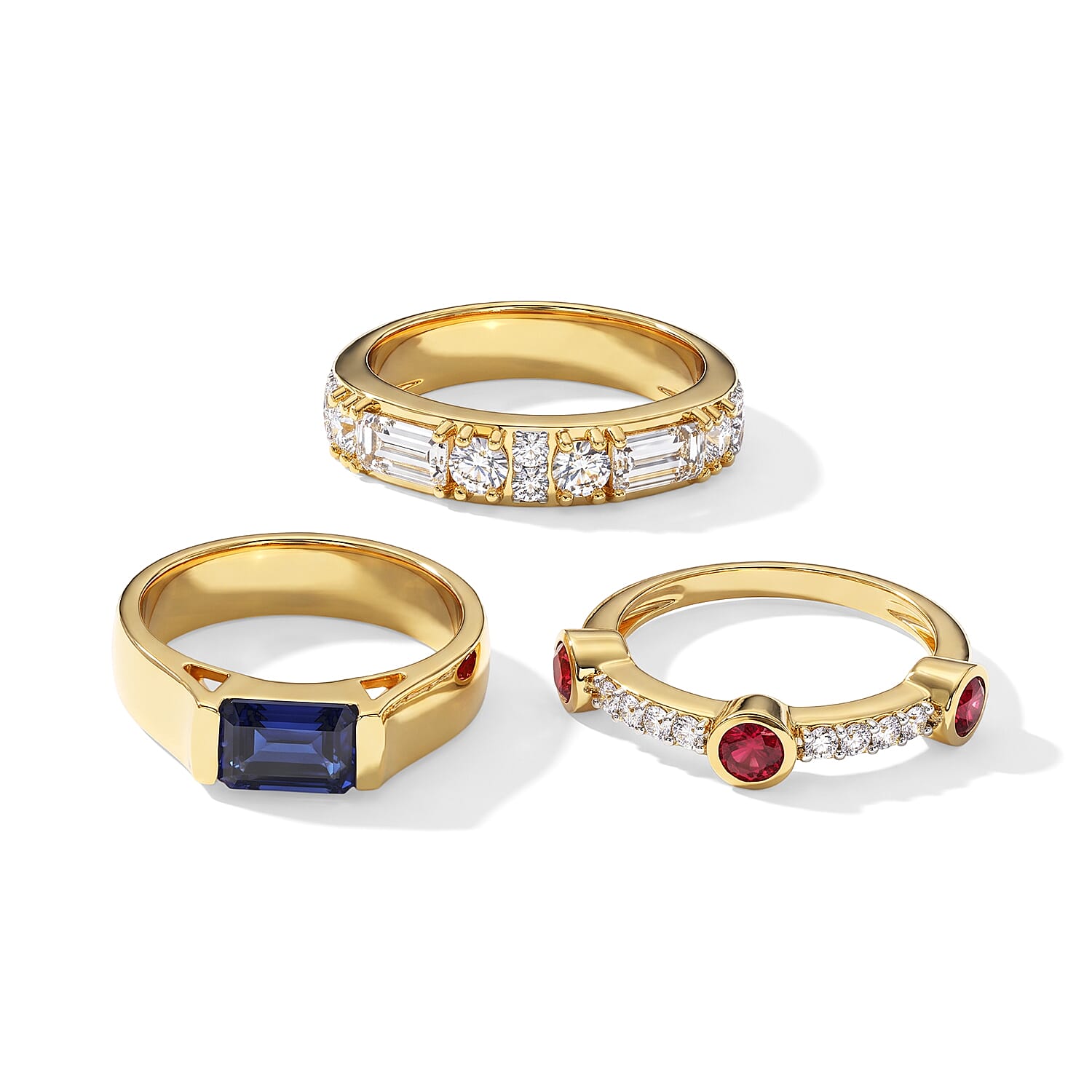 D'Joy Premium Masoala Sapphire (D) and Multi Gemstone 3.60 ctw Set of 3 Ring in 18K Vermeil Yellow Gold Over Sterling Silver