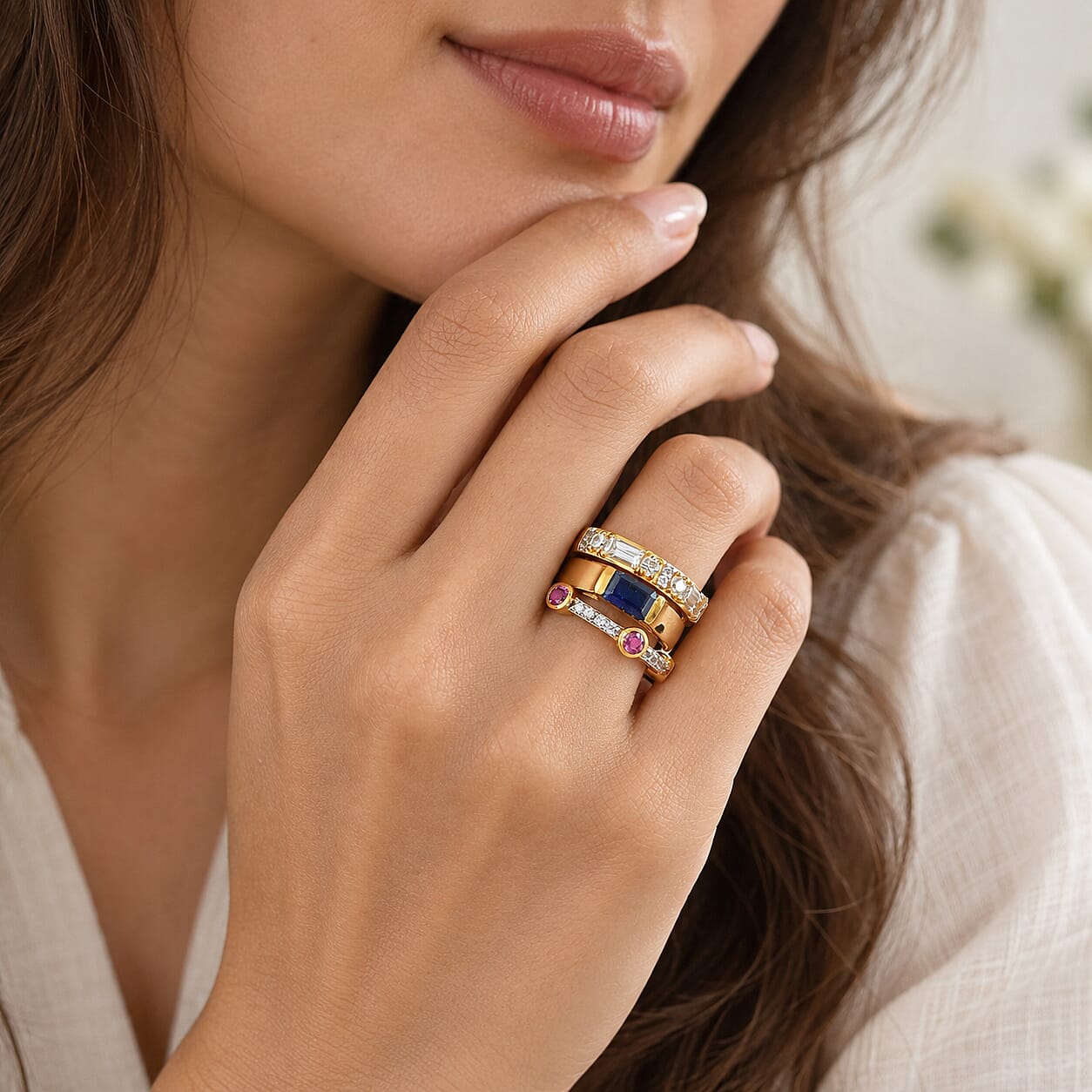 D'Joy Premium Masoala Sapphire (D) and Multi Gemstone 3.60 ctw Set of 3 Ring in 18K Vermeil Yellow Gold Over Sterling Silver