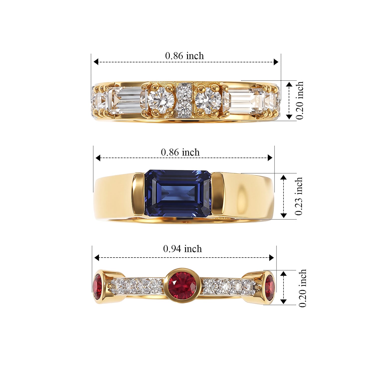 D'Joy Premium Masoala Sapphire (D) and Multi Gemstone 3.60 ctw Set of 3 Ring in 18K Vermeil Yellow Gold Over Sterling Silver