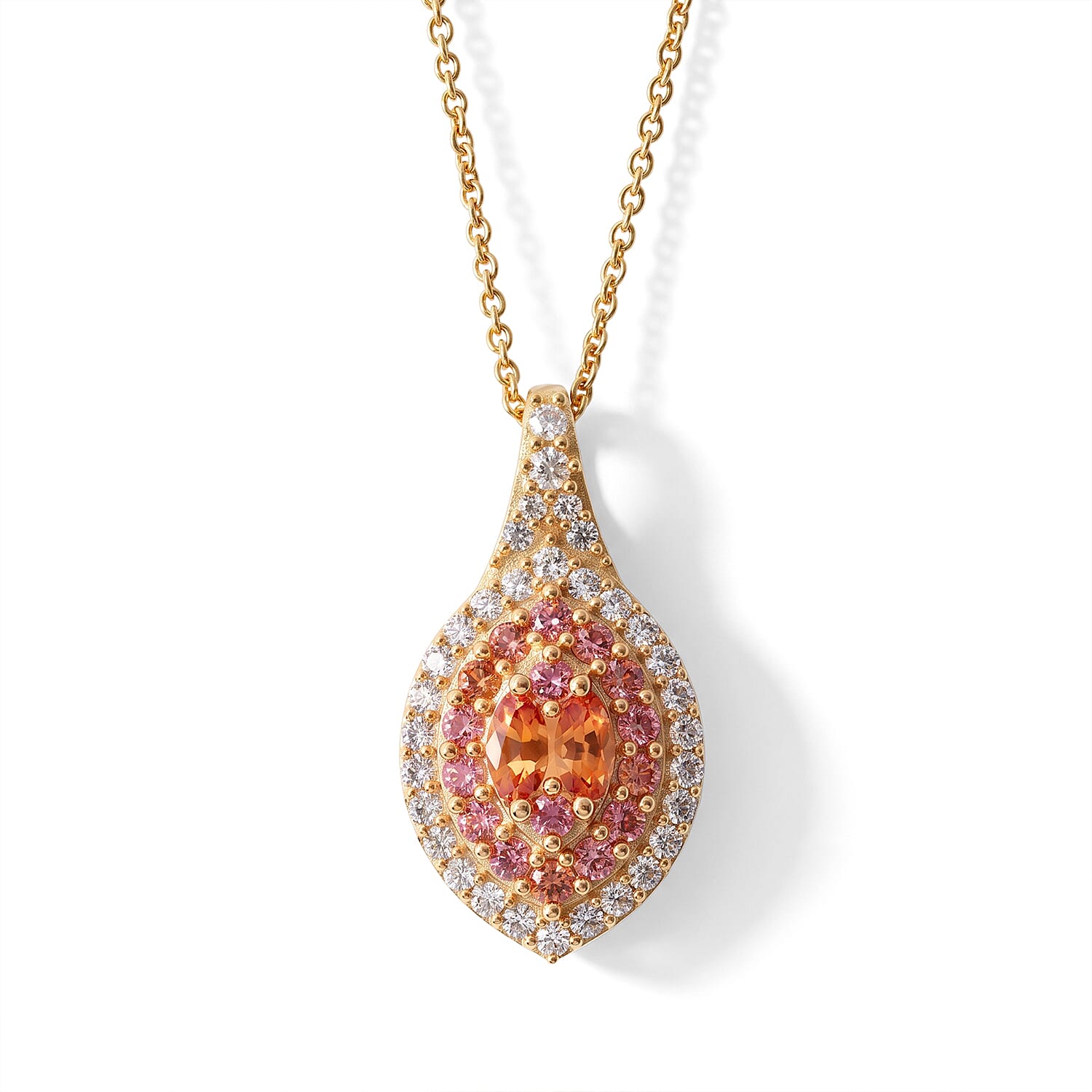 D'Joy Premium Padparadscha Sapphire (BT) and White Zircon 1.00 ctw Empress Duet Pendant Necklace in 18K Vermeil Yellow Gold Over Sterling Silver 20 Inches