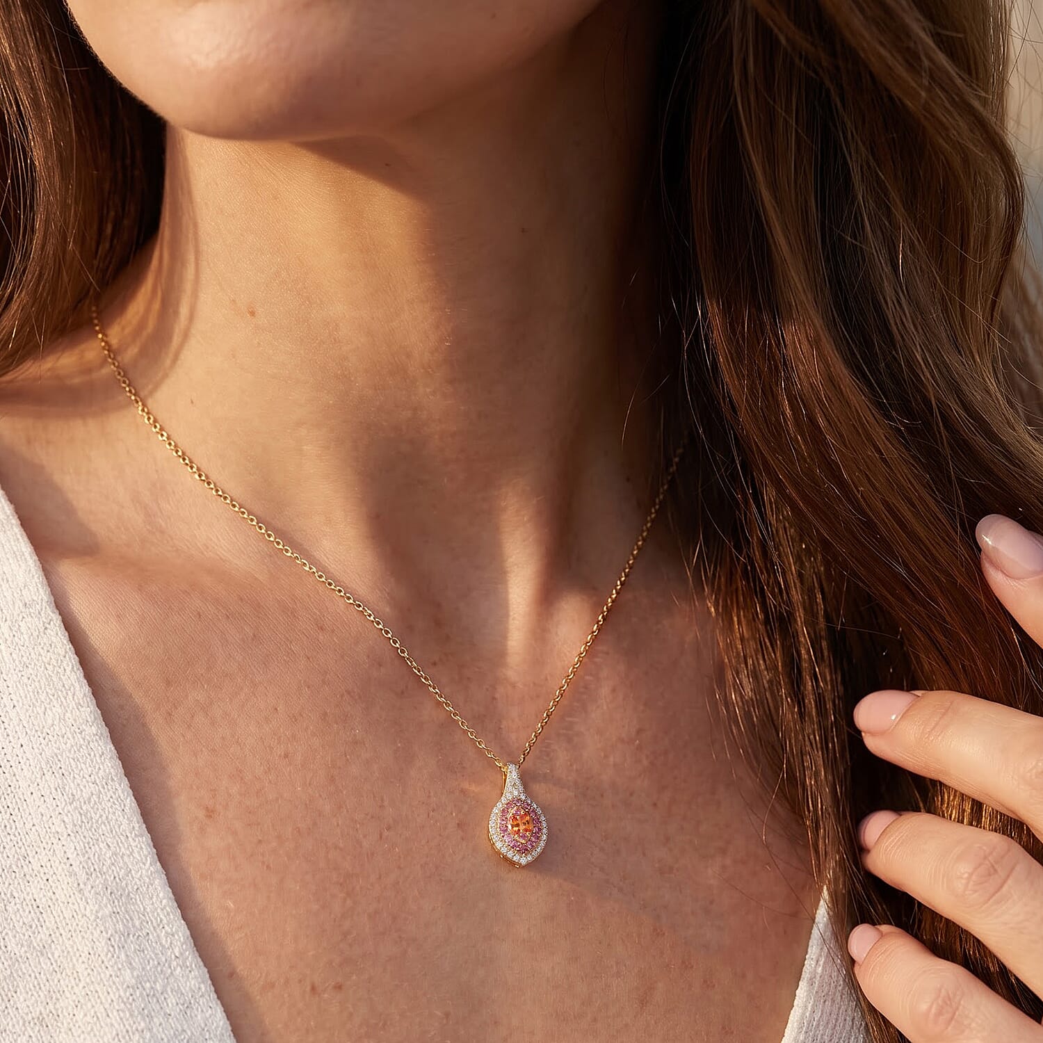 D'Joy Premium Padparadscha Sapphire (BT) and White Zircon 1.00 ctw Empress Duet Pendant Necklace in 18K Vermeil Yellow Gold Over Sterling Silver 20 Inches