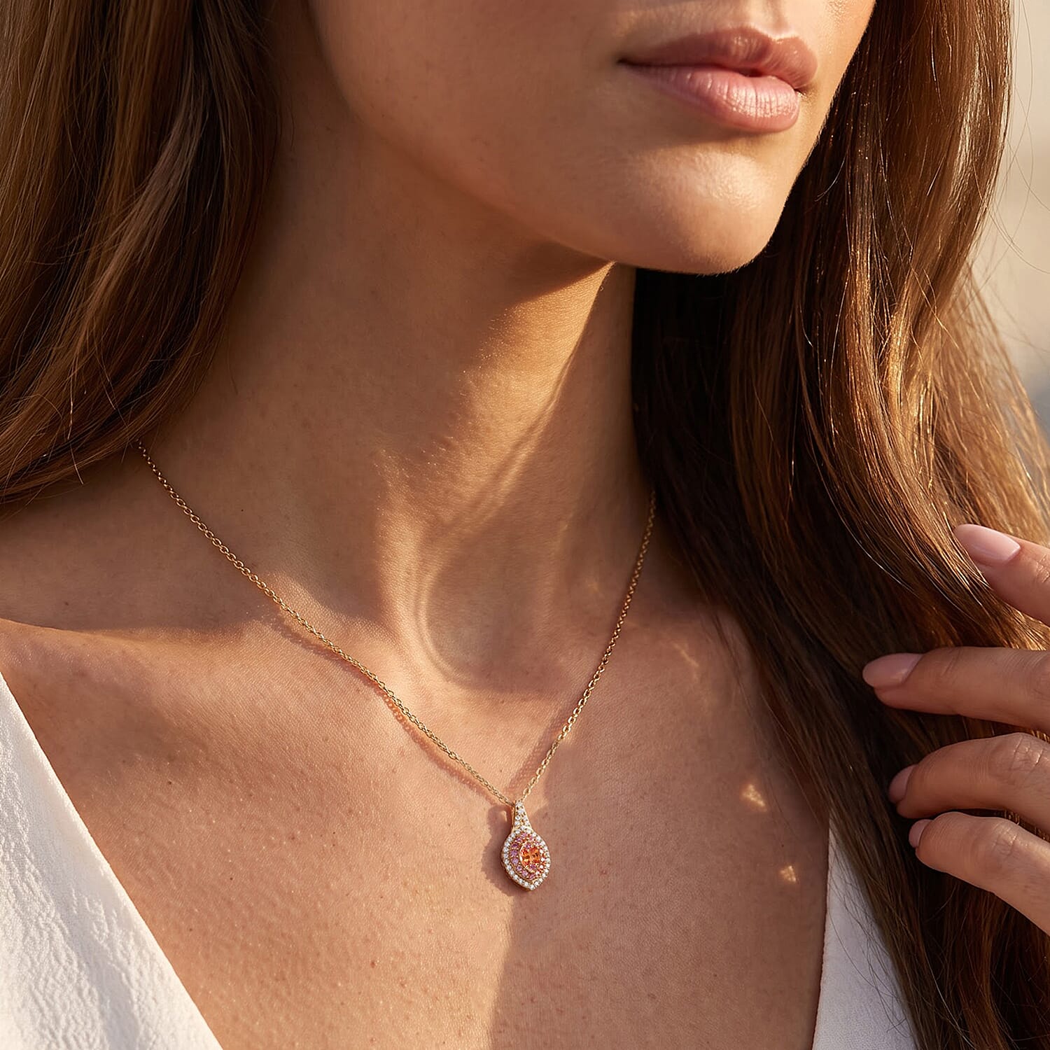 D'Joy Premium Padparadscha Sapphire (BT) and White Zircon 1.00 ctw Empress Duet Pendant Necklace in 18K Vermeil Yellow Gold Over Sterling Silver 20 Inches