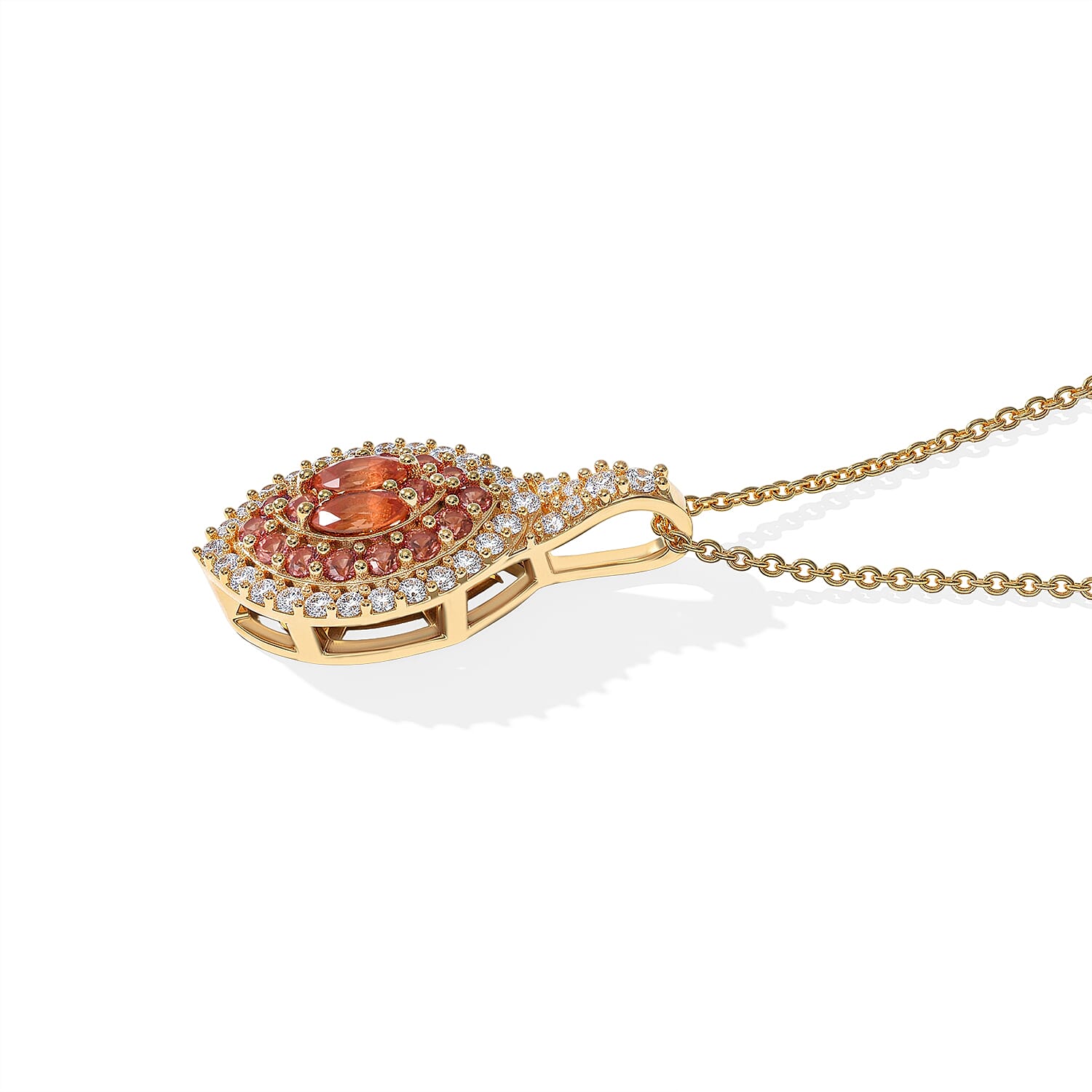 D'Joy Premium Padparadscha Sapphire (BT) and White Zircon 1.00 ctw Empress Duet Pendant Necklace in 18K Vermeil Yellow Gold Over Sterling Silver 20 Inches