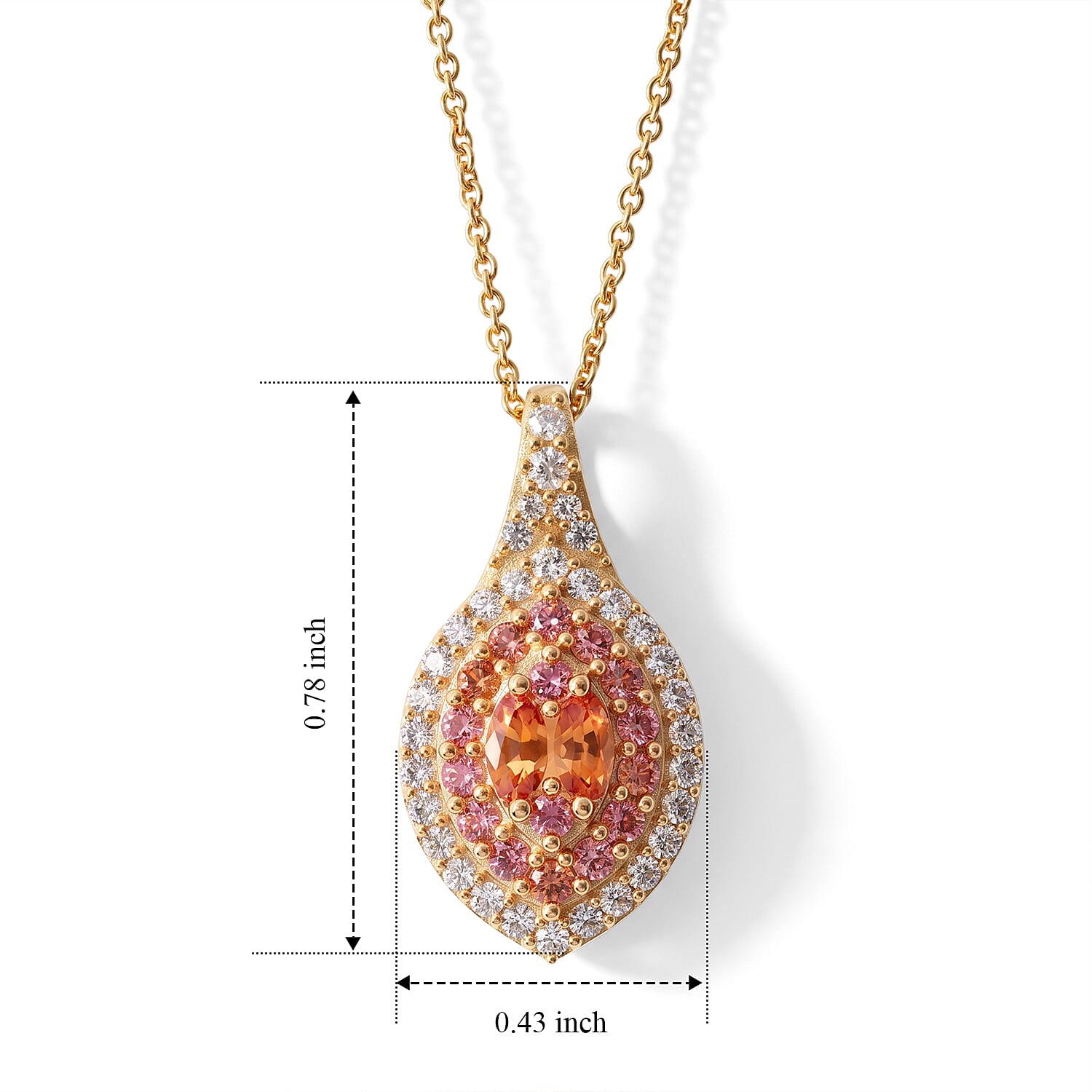D'Joy Premium Padparadscha Sapphire (BT) and White Zircon 1.00 ctw Empress Duet Pendant Necklace in 18K Vermeil Yellow Gold Over Sterling Silver 20 Inches