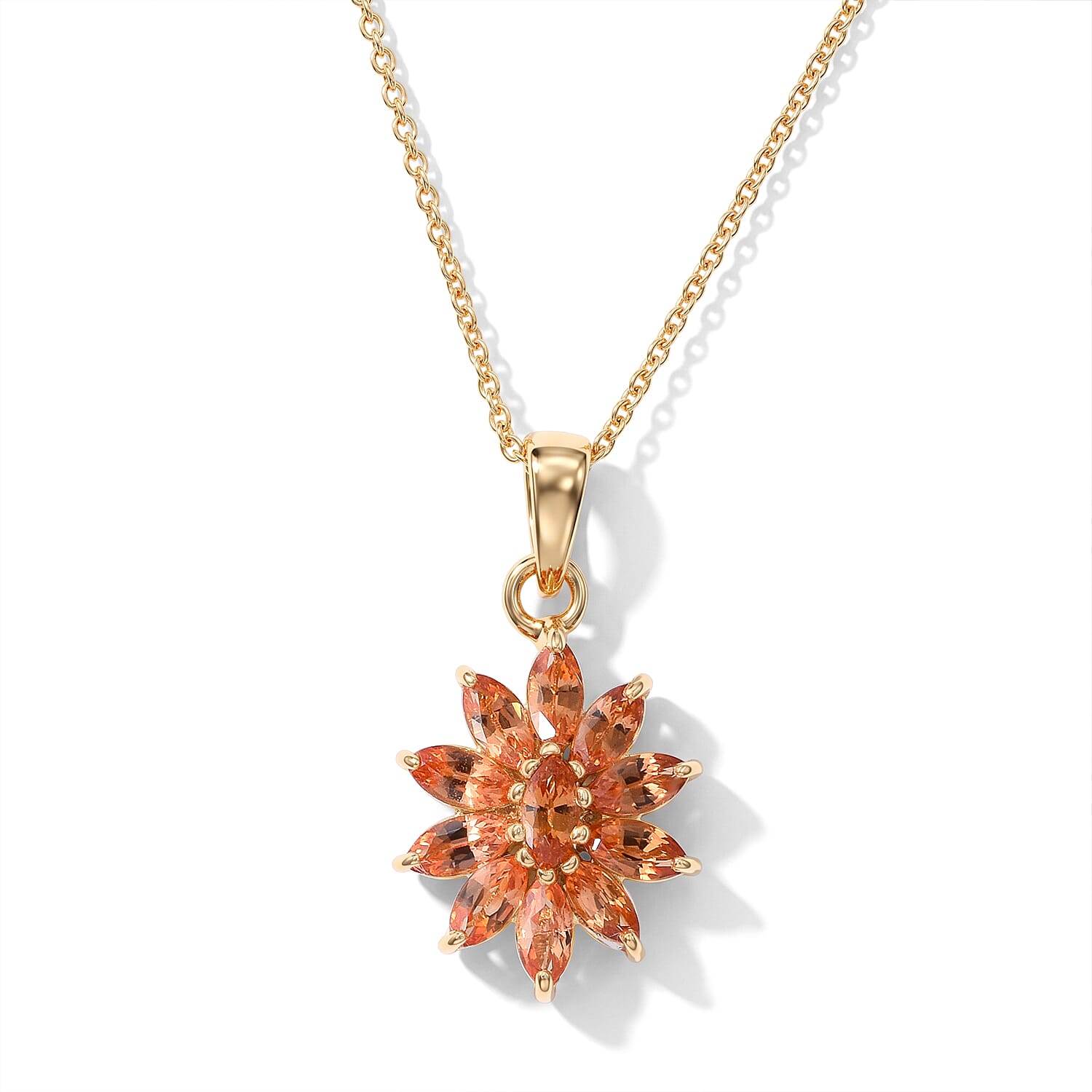 D'Joy Premium Padparadscha Sapphire (BT) 1.00 ctw Fleur De Lotus Pendant Necklace in 18K Vermeil Yellow Gold Over Sterling Silver 20 Inches