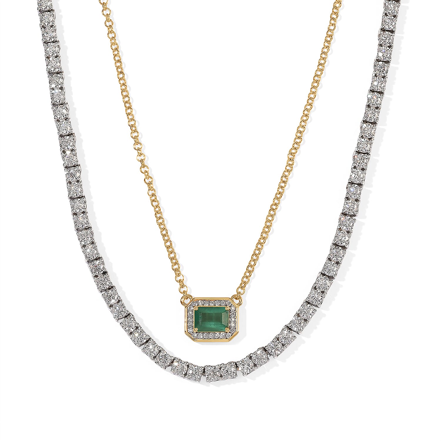 D'Joy Premium Kagem Zambian Emerald and Moissanite 18.35 ctw Set of 2 Necklace in 18K YG Vermeil and Rhodium Over Sterling Silver 18 Inches