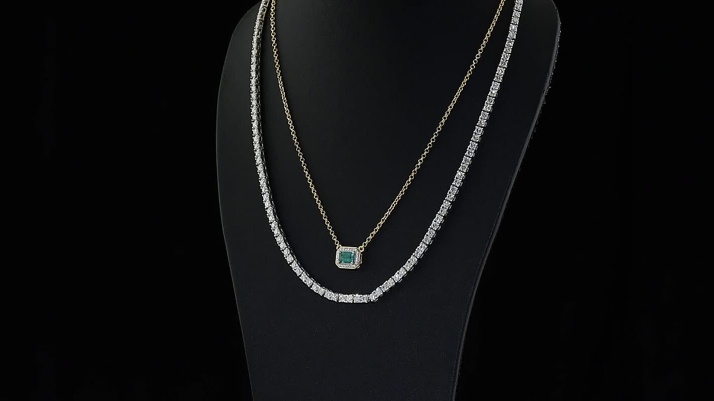 D''Joy Premium Kagem Zambian Emerald and Moissanite 18.35 ctw Set of 2 Necklace in 18K YG Vermeil and Rhodium Over Sterling Silver 18 Inches