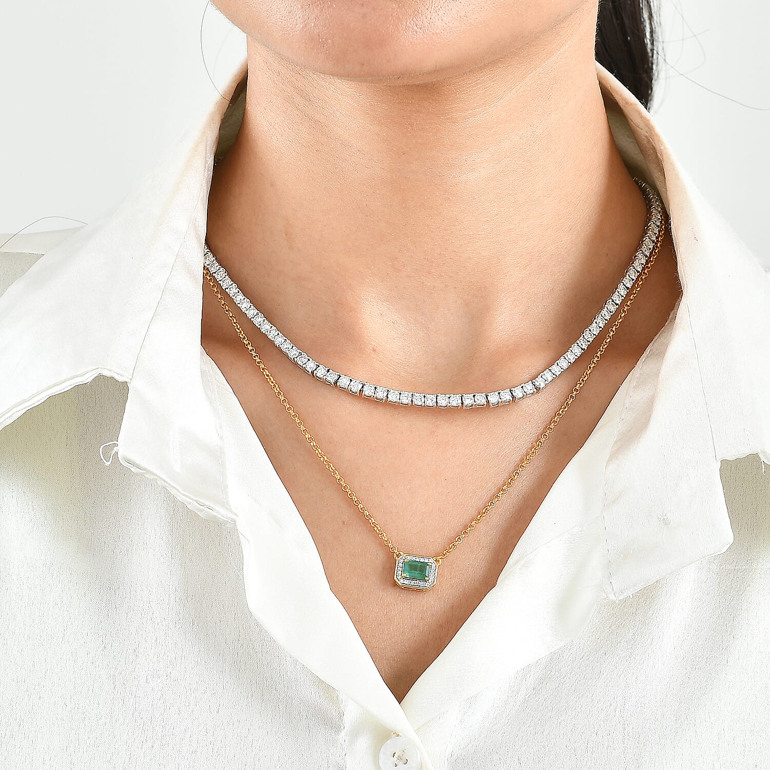 D'Joy Premium Kagem Zambian Emerald and Moissanite 18.35 ctw Set of 2 Necklace in 18K YG Vermeil and Rhodium Over Sterling Silver 18 Inches