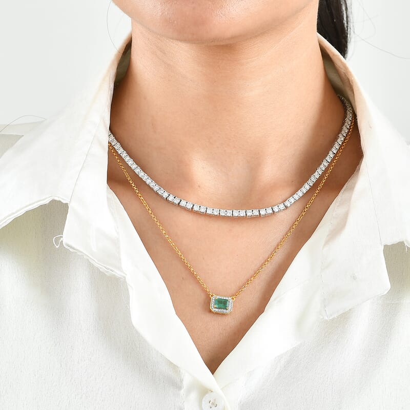 D'Joy Premium Kagem Zambian Emerald and Moissanite 18.35 ctw Set of 2 Necklace in 18K YG Vermeil and Rhodium Over Sterling Silver 18 Inches