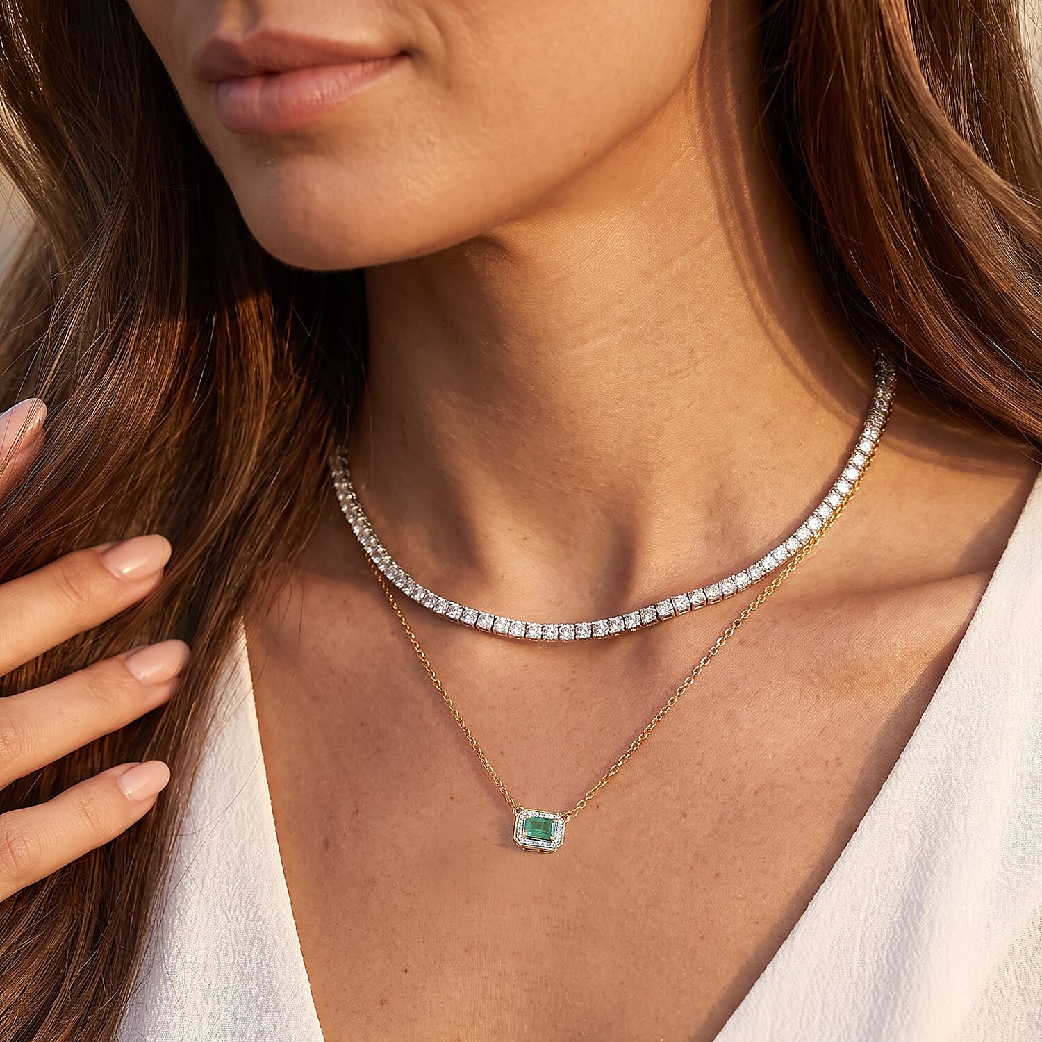 D'Joy Premium Kagem Zambian Emerald and Moissanite 18.35 ctw Set of 2 Necklace in 18K YG Vermeil and Rhodium Over Sterling Silver 18 Inches