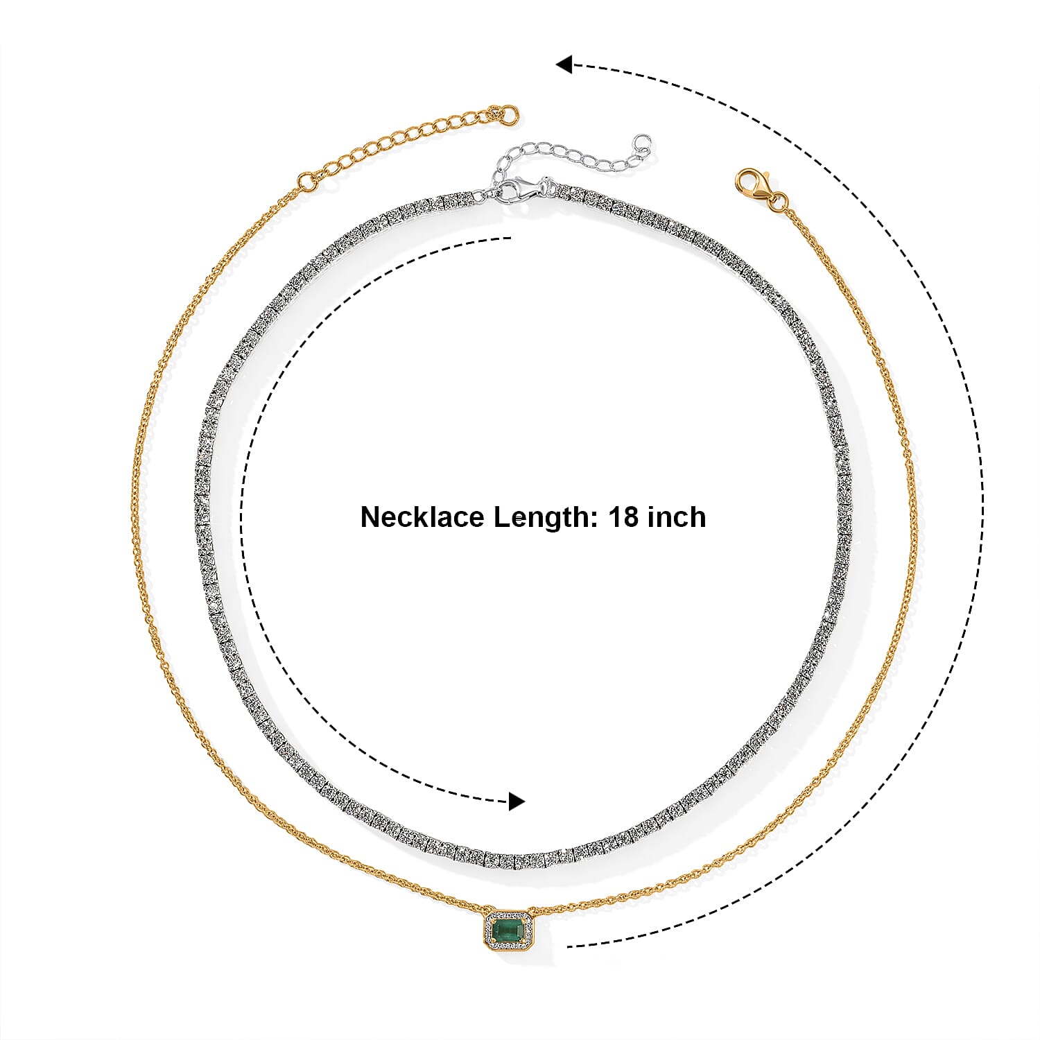 D'Joy Premium Kagem Zambian Emerald and Moissanite 18.35 ctw Set of 2 Necklace in 18K YG Vermeil and Rhodium Over Sterling Silver 18 Inches