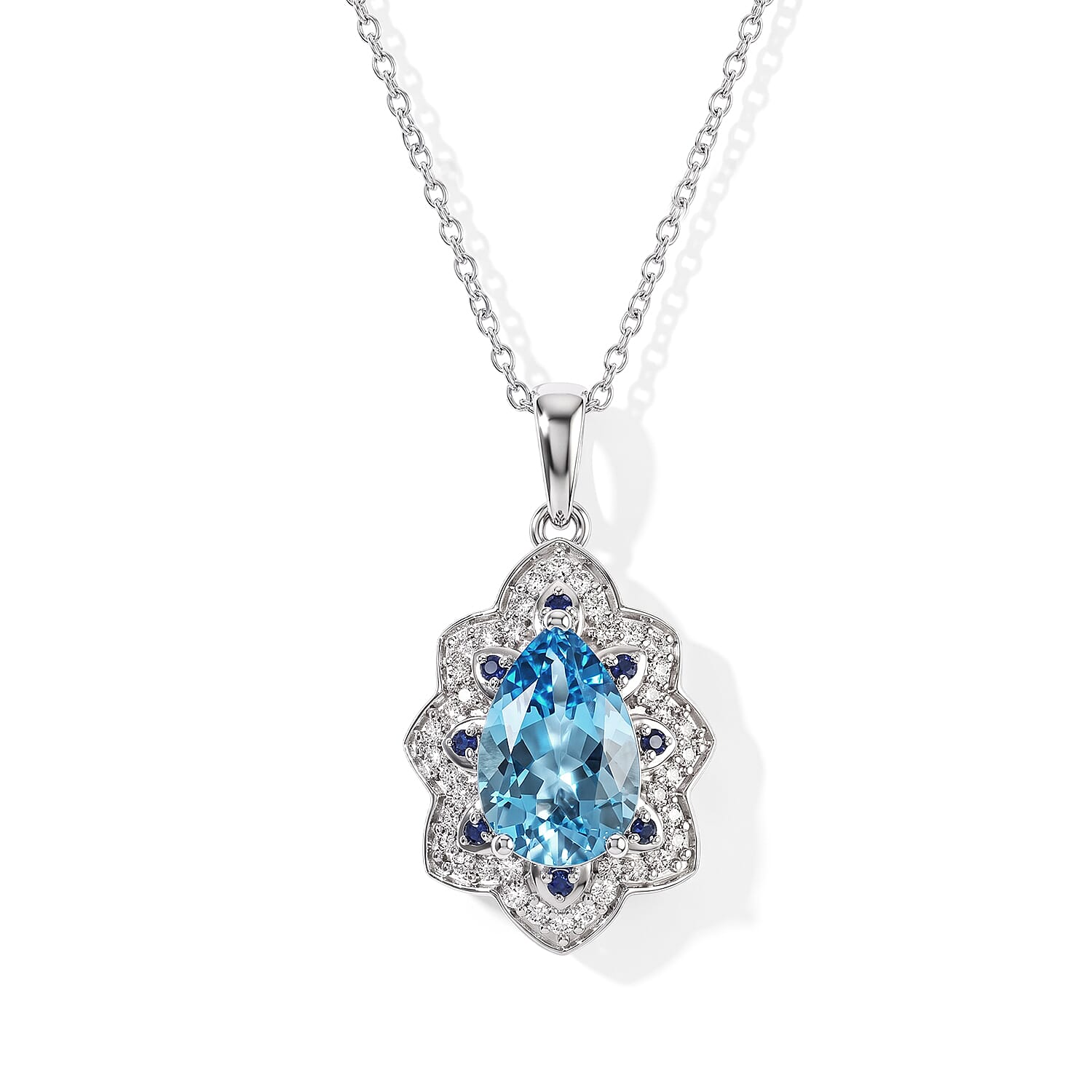 D'Joy Premium Certified Swiss Blue Topaz and Multi Gemstone 3.70 ctw Pendant Necklace in Rhodium Over Sterling Silver 20 Inches