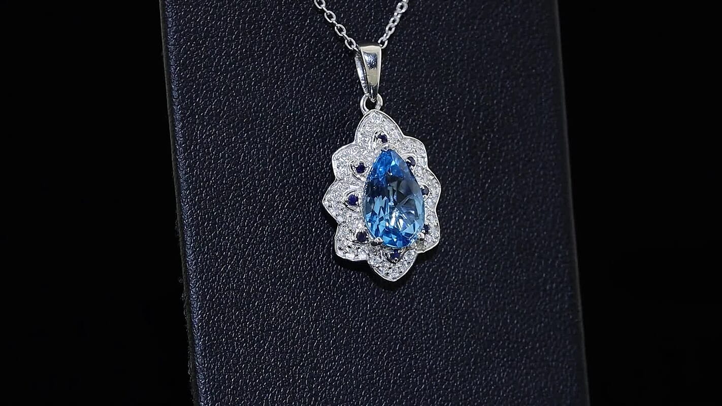 D''Joy Premium Certified Swiss Blue Topaz and Multi Gemstone 3.70 ctw Pendant Necklace in Rhodium Over Sterling Silver 20 Inches