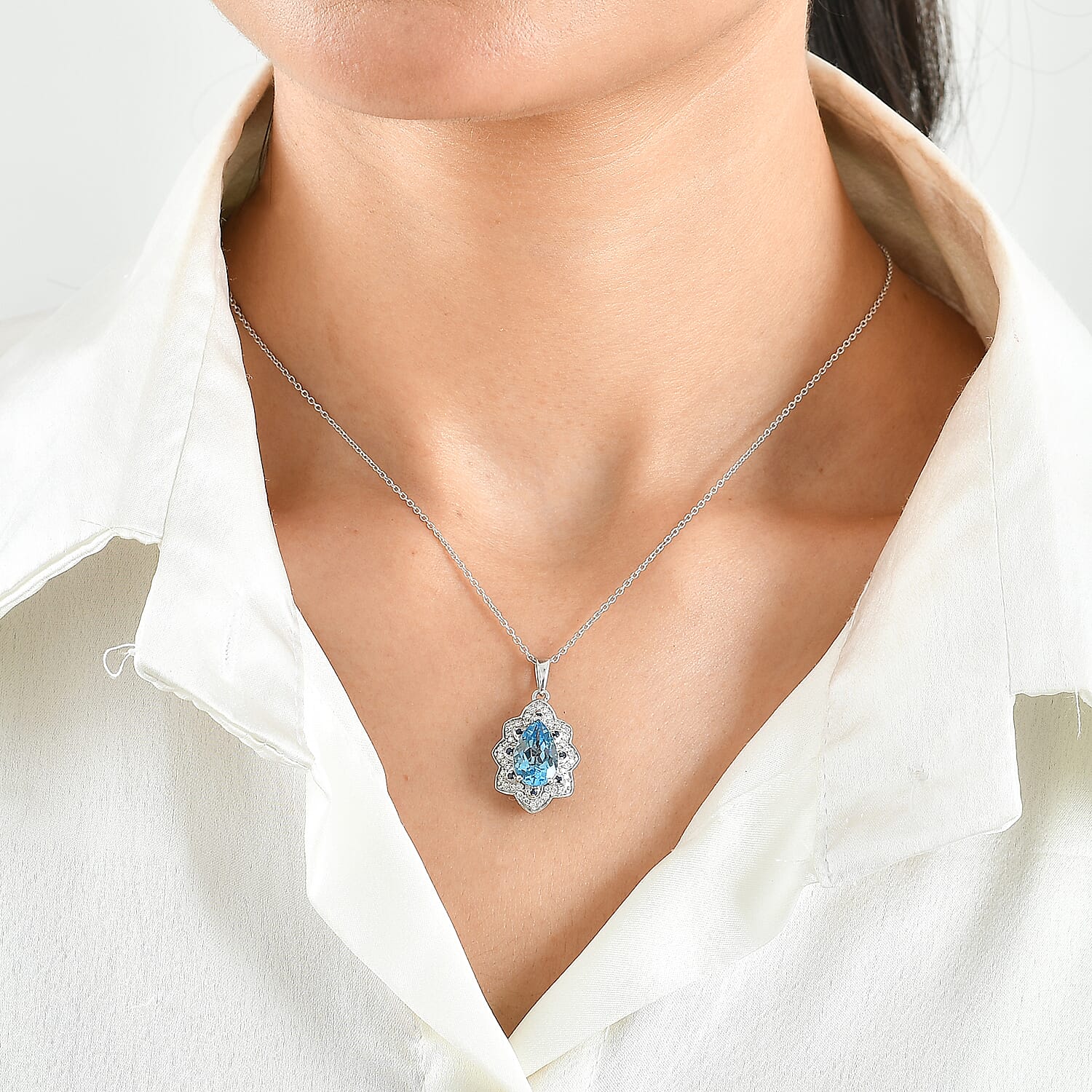 D'Joy Premium Certified Swiss Blue Topaz and Multi Gemstone 3.70 ctw Pendant Necklace in Rhodium Over Sterling Silver 20 Inches