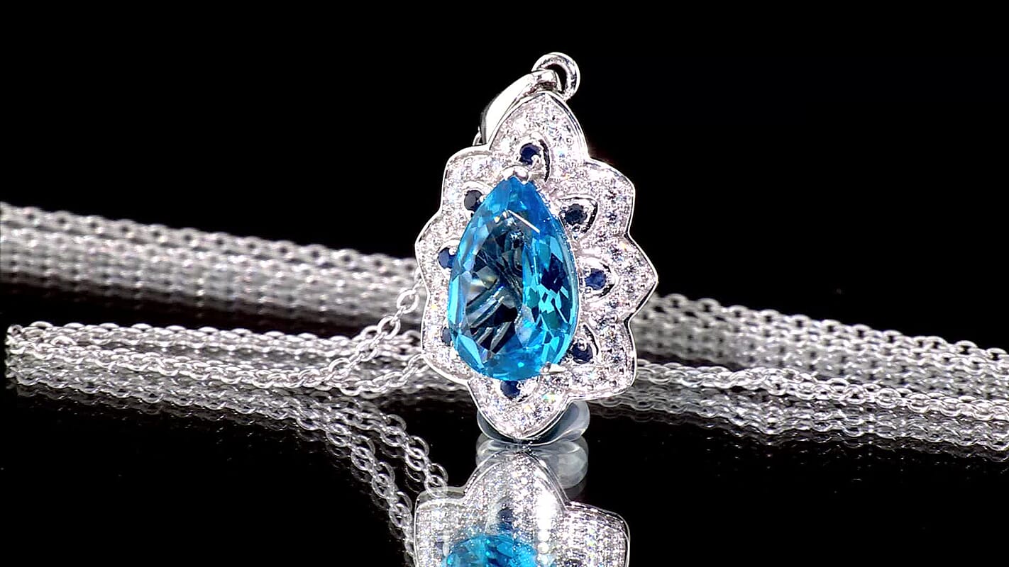 D''Joy Premium Certified Swiss Blue Topaz and Multi Gemstone 3.70 ctw Pendant Necklace in Rhodium Over Sterling Silver 20 Inches