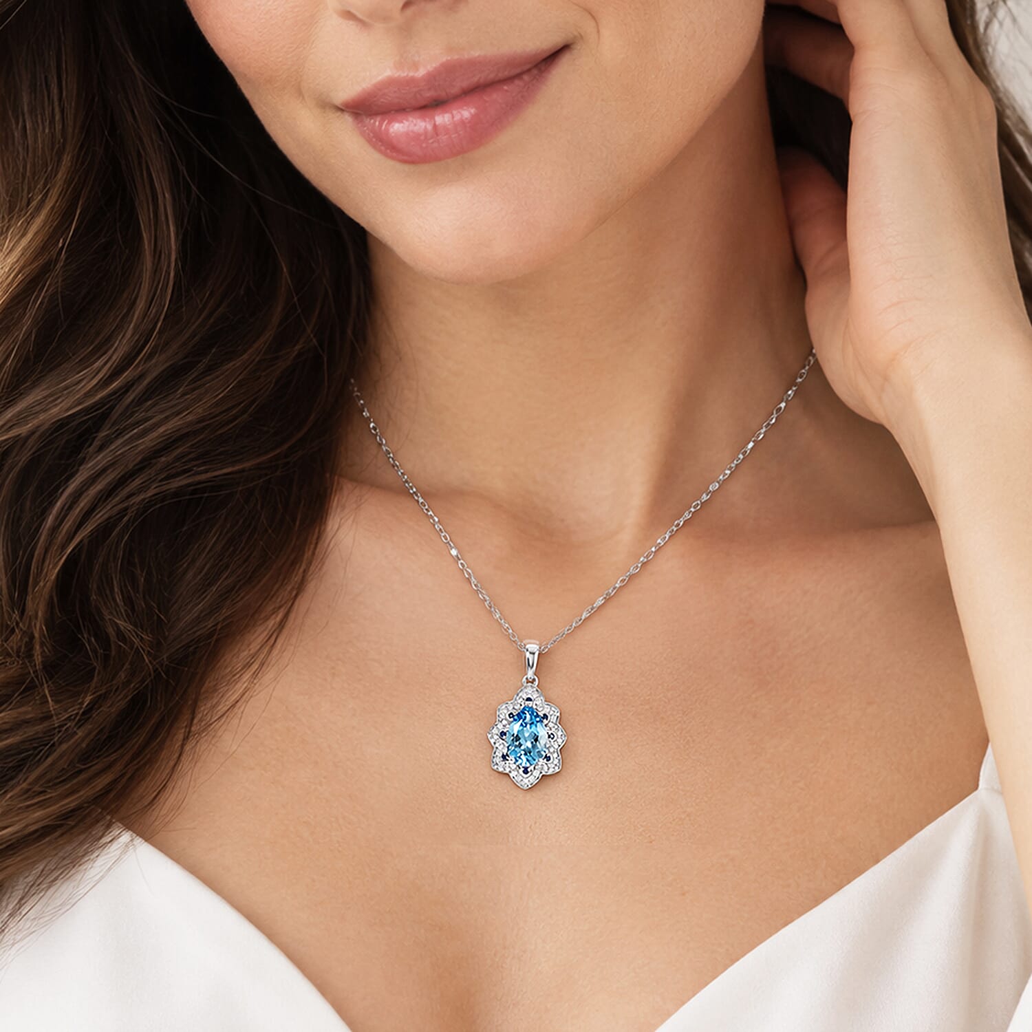 D'Joy Premium Certified Swiss Blue Topaz and Multi Gemstone 3.70 ctw Pendant Necklace in Rhodium Over Sterling Silver 20 Inches