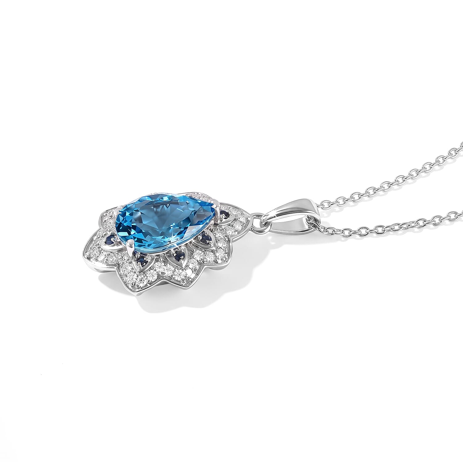 D'Joy Premium Certified Swiss Blue Topaz and Multi Gemstone 3.70 ctw Pendant Necklace in Rhodium Over Sterling Silver 20 Inches