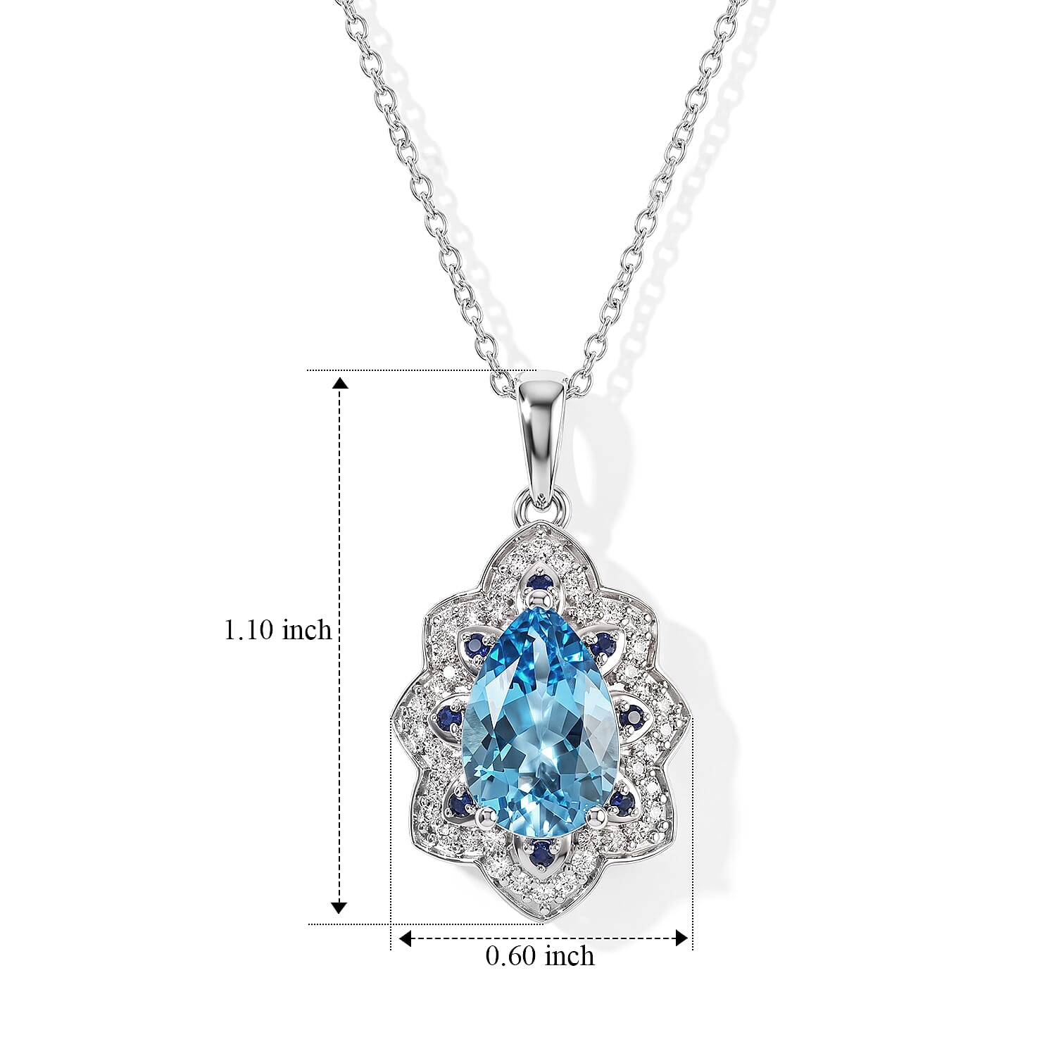 D'Joy Premium Certified Swiss Blue Topaz and Multi Gemstone 3.70 ctw Pendant Necklace in Rhodium Over Sterling Silver 20 Inches