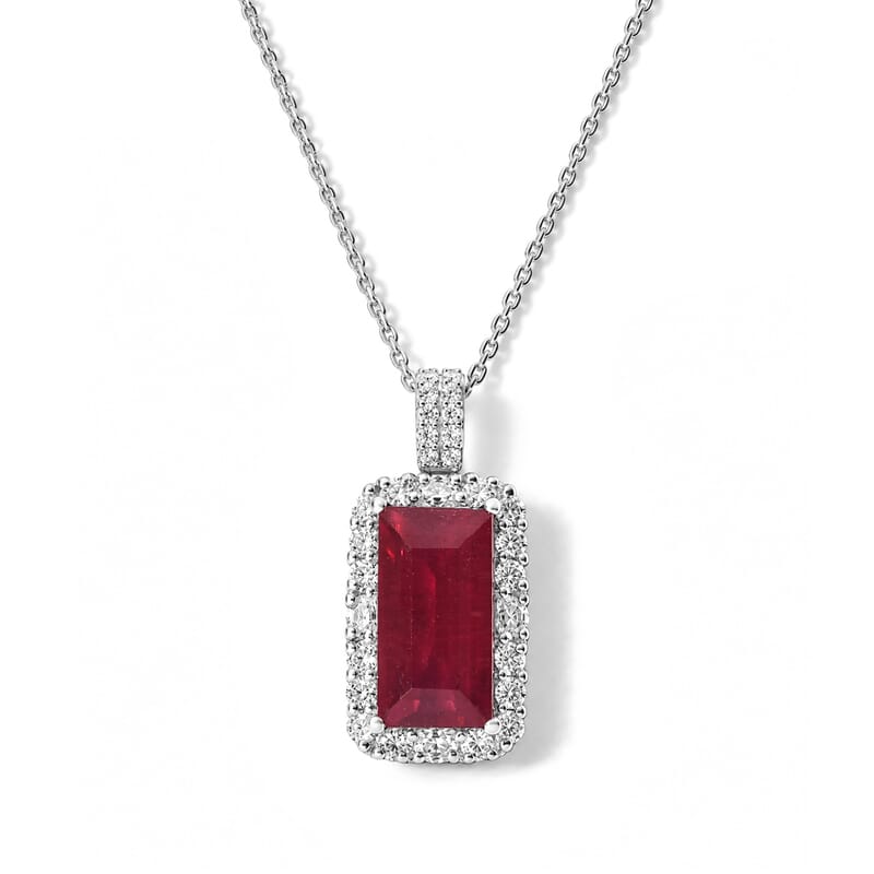 Certified & Appraised D'Joy Premium Niassa Ruby (FF) and Moissanite 7.60 ctw Pendant Necklace in Rhodium Over Sterling Silver 18 Inches