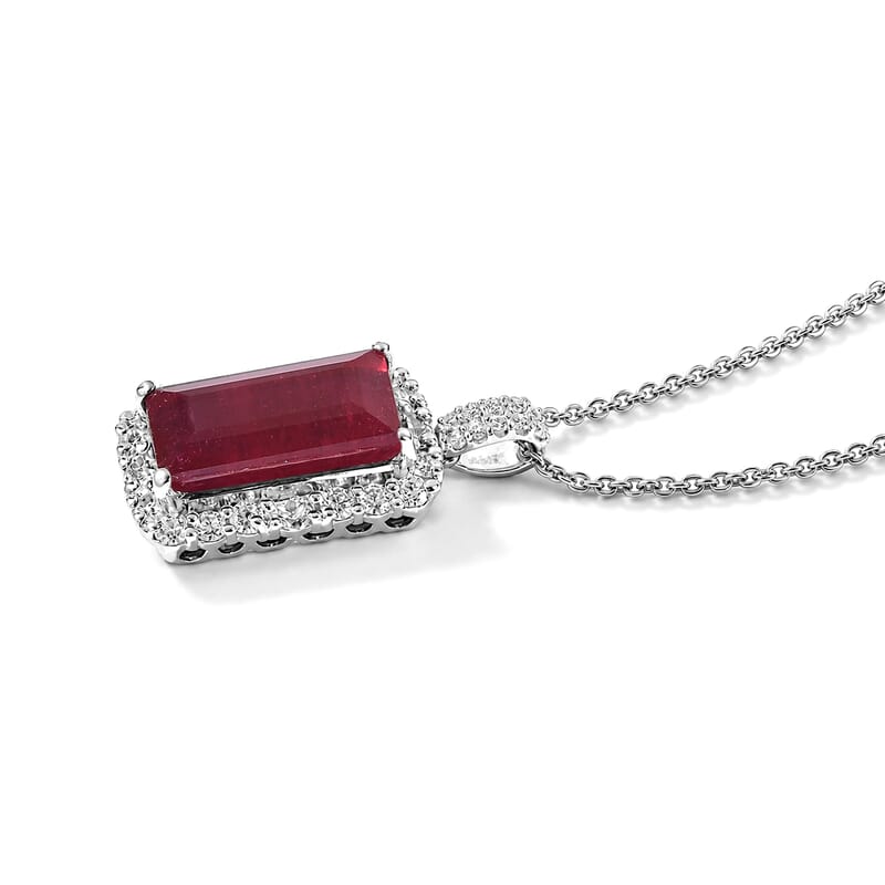 Certified & Appraised D'Joy Premium Niassa Ruby (FF) and Moissanite 7.60 ctw Pendant Necklace in Rhodium Over Sterling Silver 18 Inches