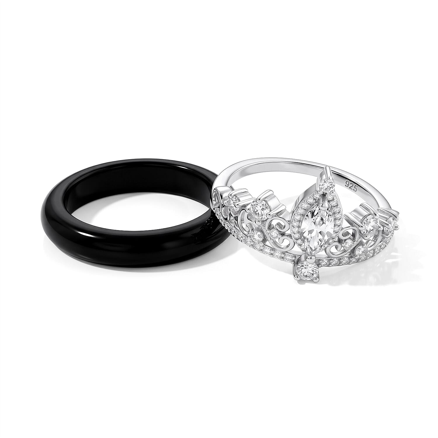 D''Joy Moissanite (Mrq 7x3.5mm), Black Jade Set of 2 Ring (Size 6.00) in Rhodium Over Sterling Silver 12.10 ctw