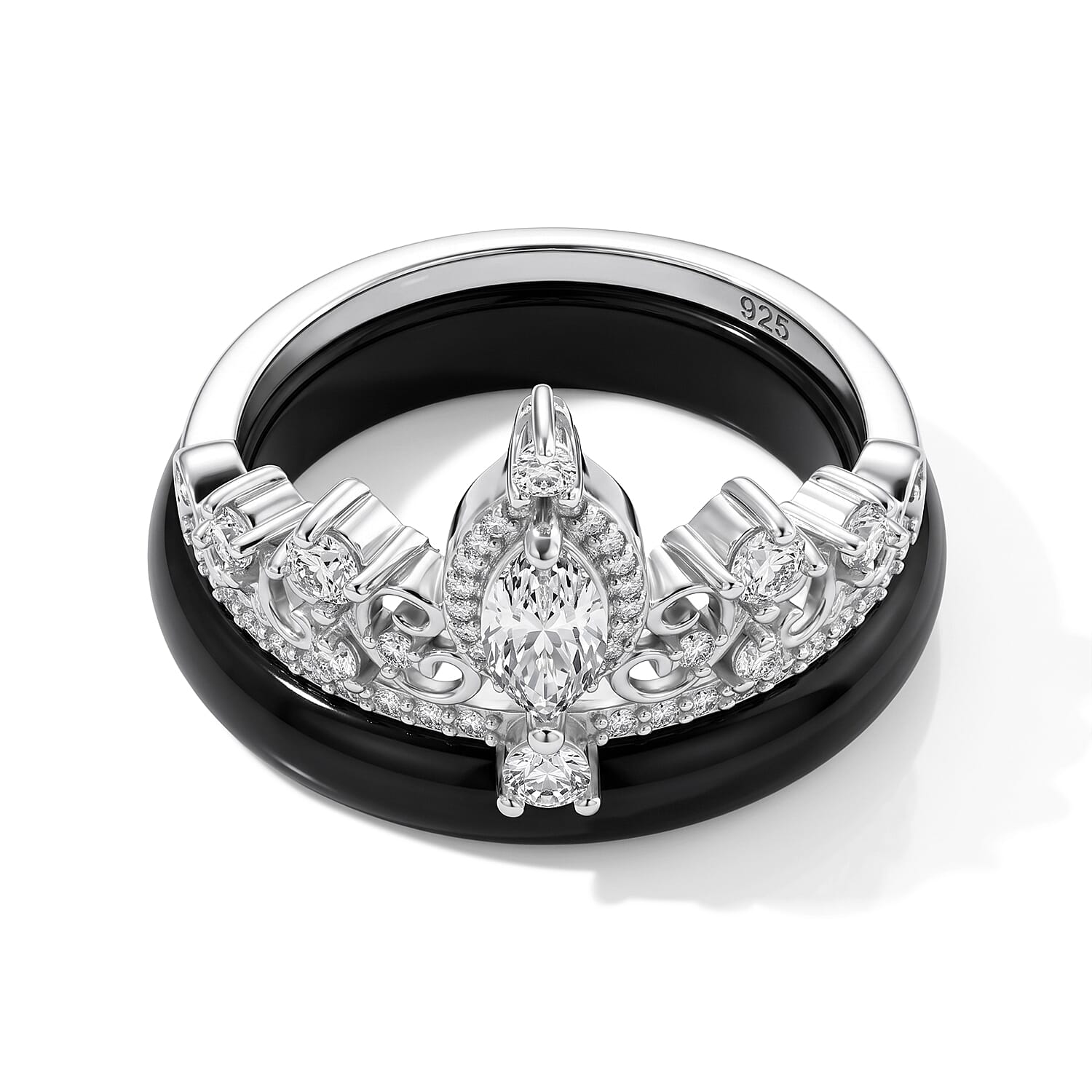 D'Joy Moissanite and Black Jade(D) 11.40 ctw Set of 2 Royal Tiara Ring (Size 7.00) in Rhodium Over Sterling Silver