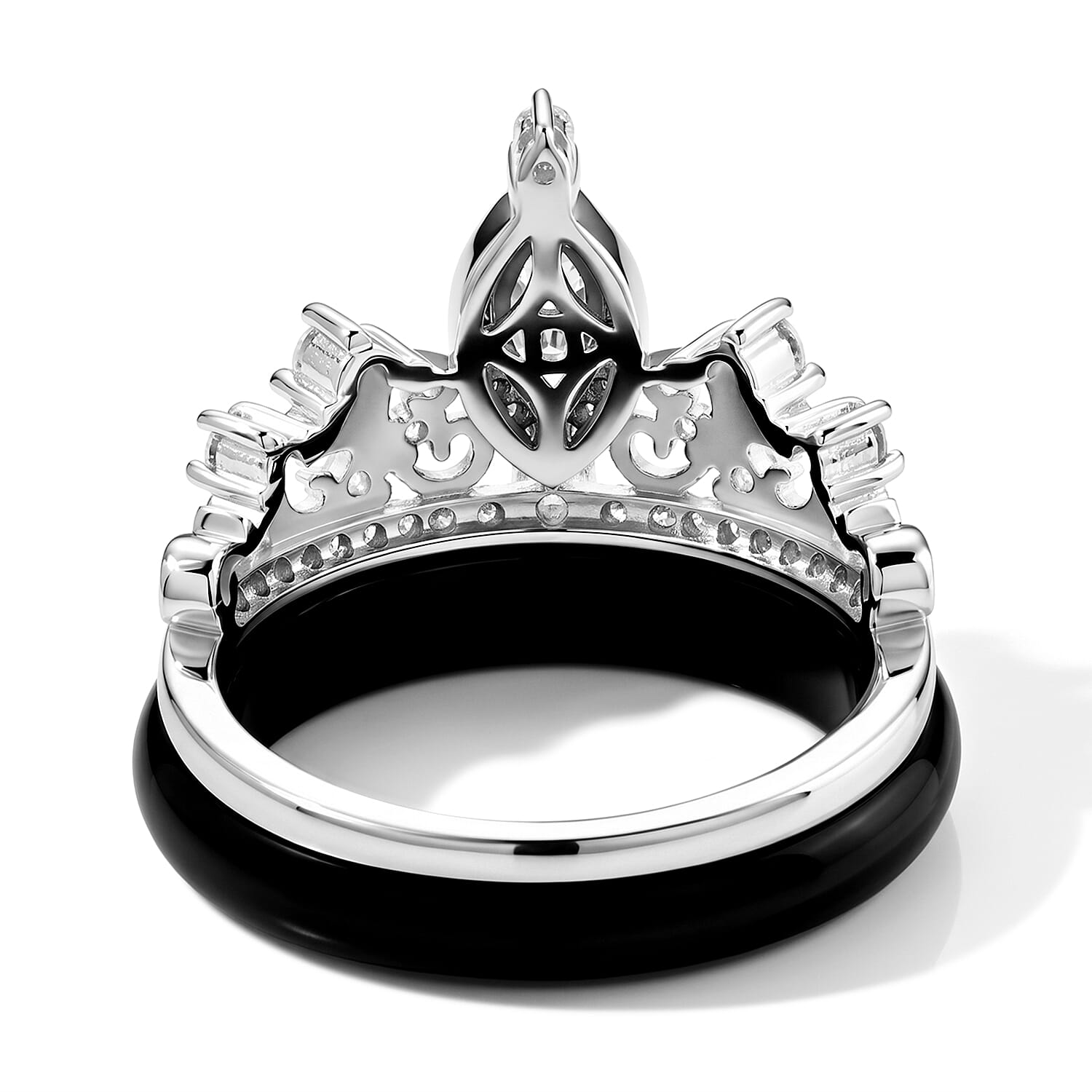 D'Joy Moissanite and Black Jade(D) 11.40 ctw Set of 2 Royal Tiara Ring (Size 7.00) in Rhodium Over Sterling Silver