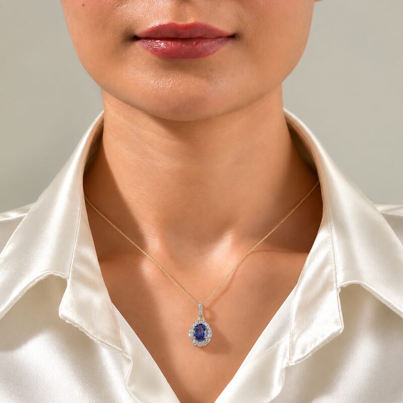 Certified & Appraised AAA Tanzanite and Luxuriant Lab Grown Diamond G-H SI 2.70 ctw Pendant Necklace in 10K Yellow Gold 18 Inches