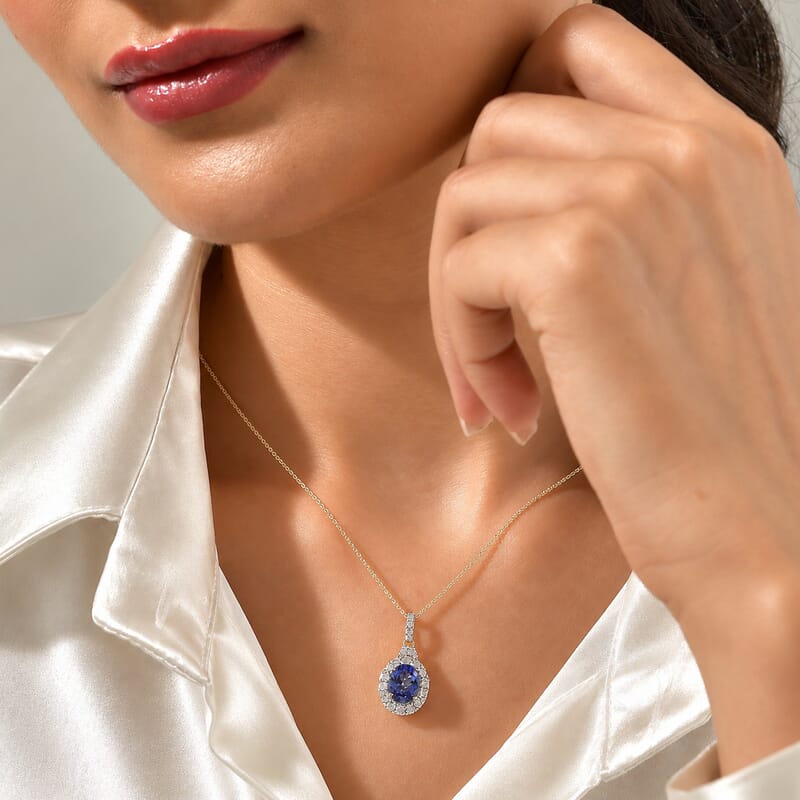 Certified & Appraised AAA Tanzanite and Luxuriant Lab Grown Diamond G-H SI 2.70 ctw Pendant Necklace in 10K Yellow Gold 18 Inches