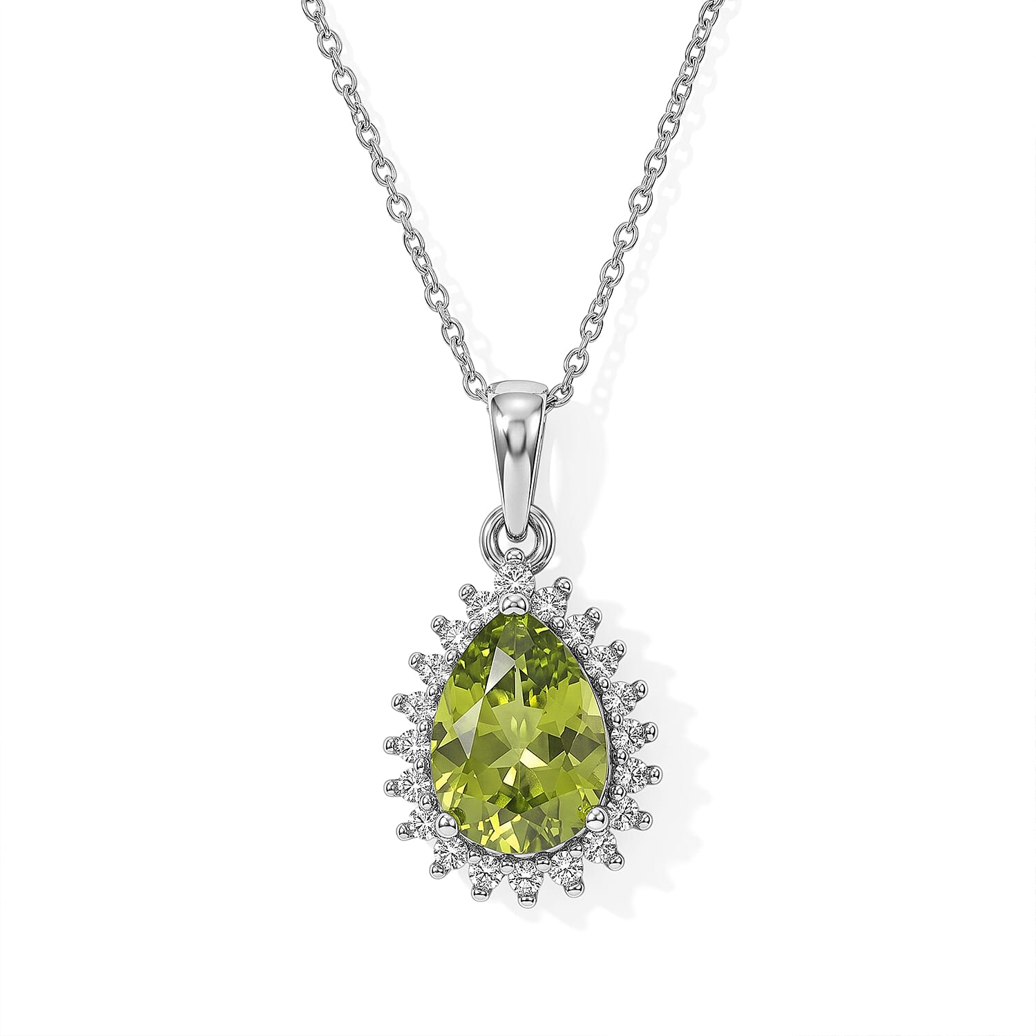 D'Joy Premium Hebei Peridot and Moissanite 2.65 ctw Pendant Necklace in Rhodium Over Sterling Silver 20 Inches