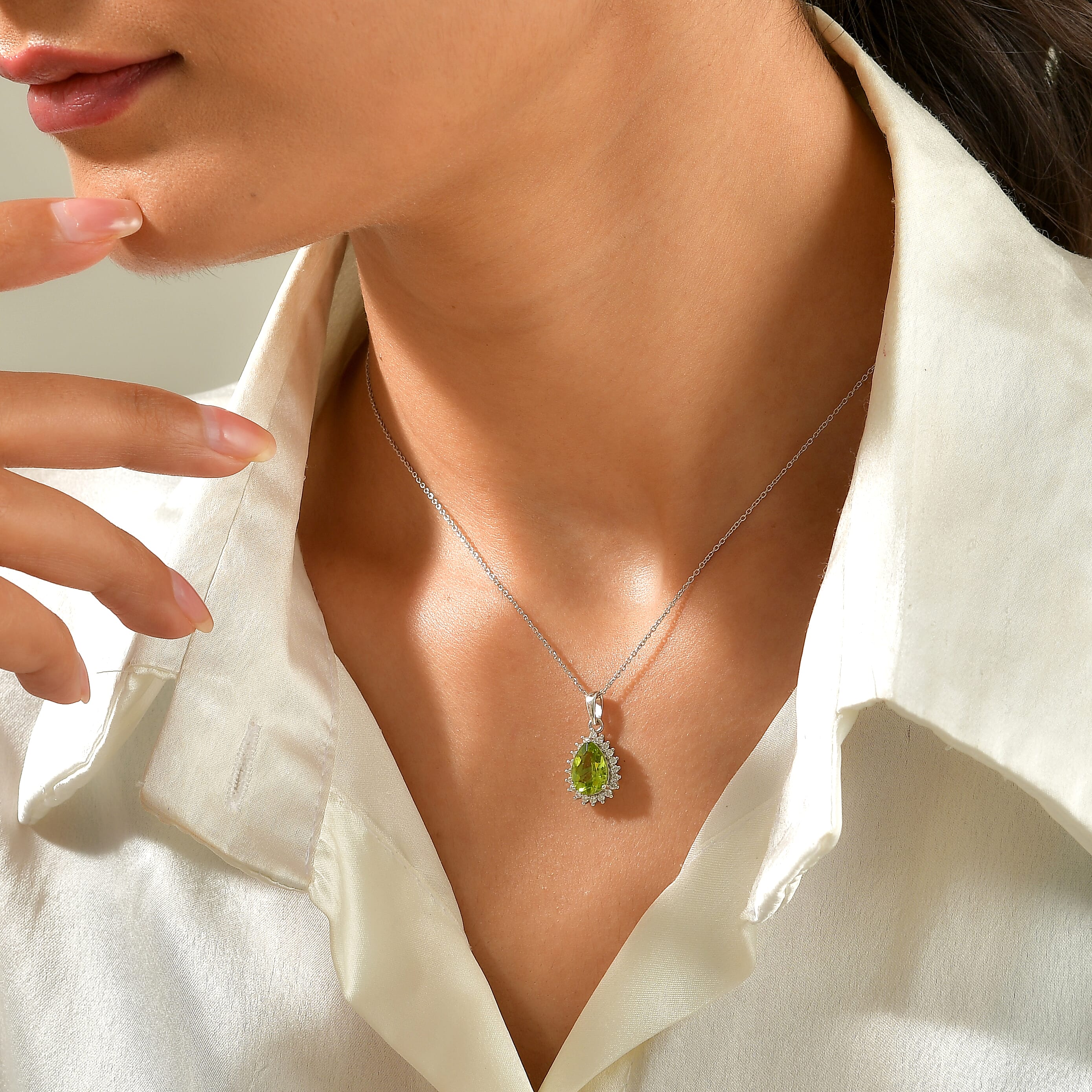 D'Joy Premium Hebei Peridot and Moissanite 2.65 ctw Pendant Necklace in Rhodium Over Sterling Silver 20 Inches