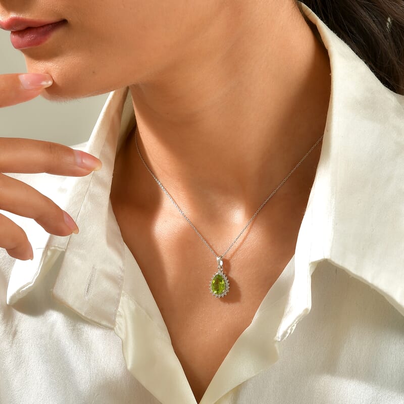 D'Joy Premium Hebei Peridot and Moissanite 2.65 ctw Pendant Necklace in Rhodium Over Sterling Silver 20 Inches