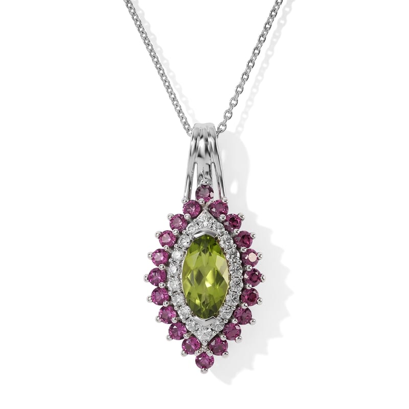 D'Joy Premium Hebei Peridot and Multi Gemstone 2.50 ctw Pendant Necklace in Rhodium Over Sterling Silver 20 Inches