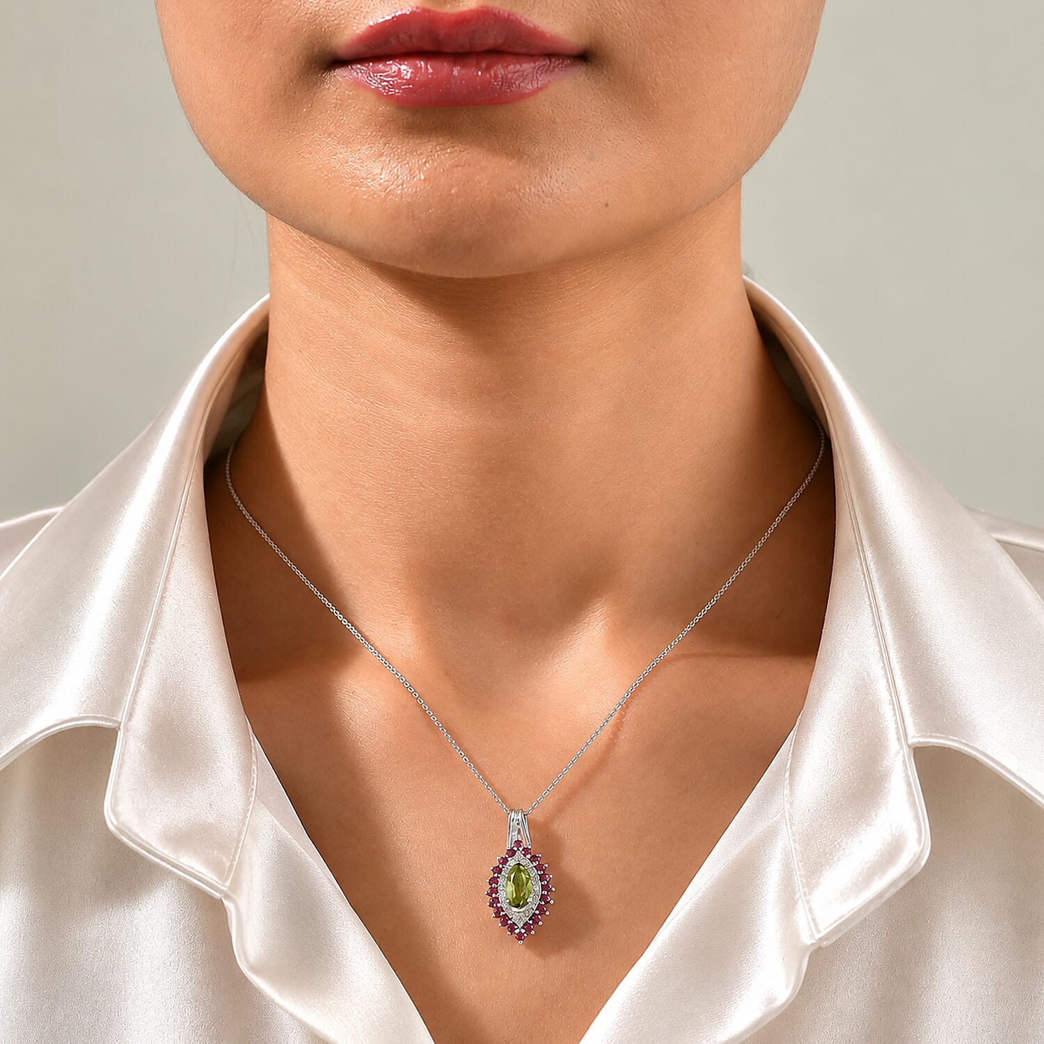 D'Joy Premium Hebei Peridot and Multi Gemstone 2.50 ctw Pendant Necklace in Rhodium Over Sterling Silver 20 Inches