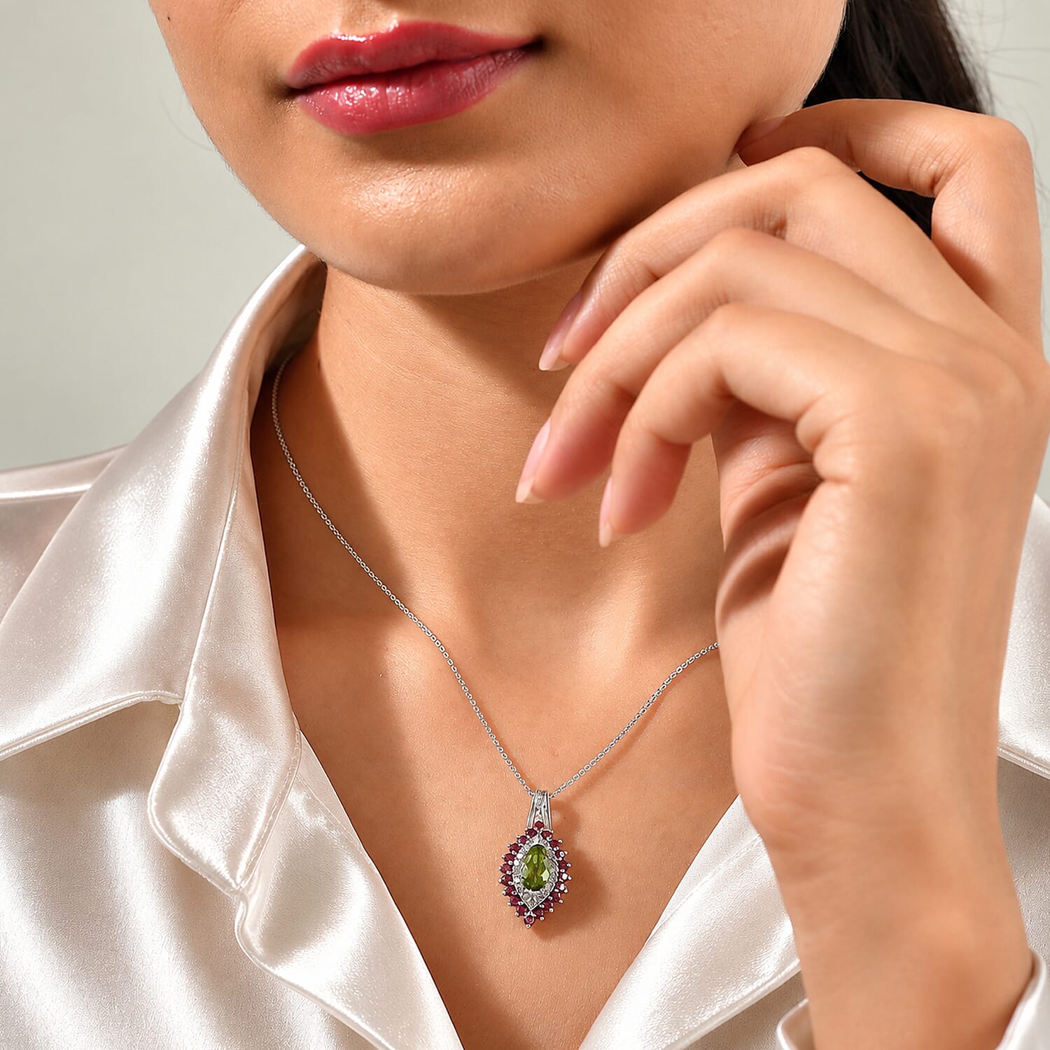 D'Joy Premium Hebei Peridot and Multi Gemstone 2.50 ctw Pendant Necklace in Rhodium Over Sterling Silver 20 Inches