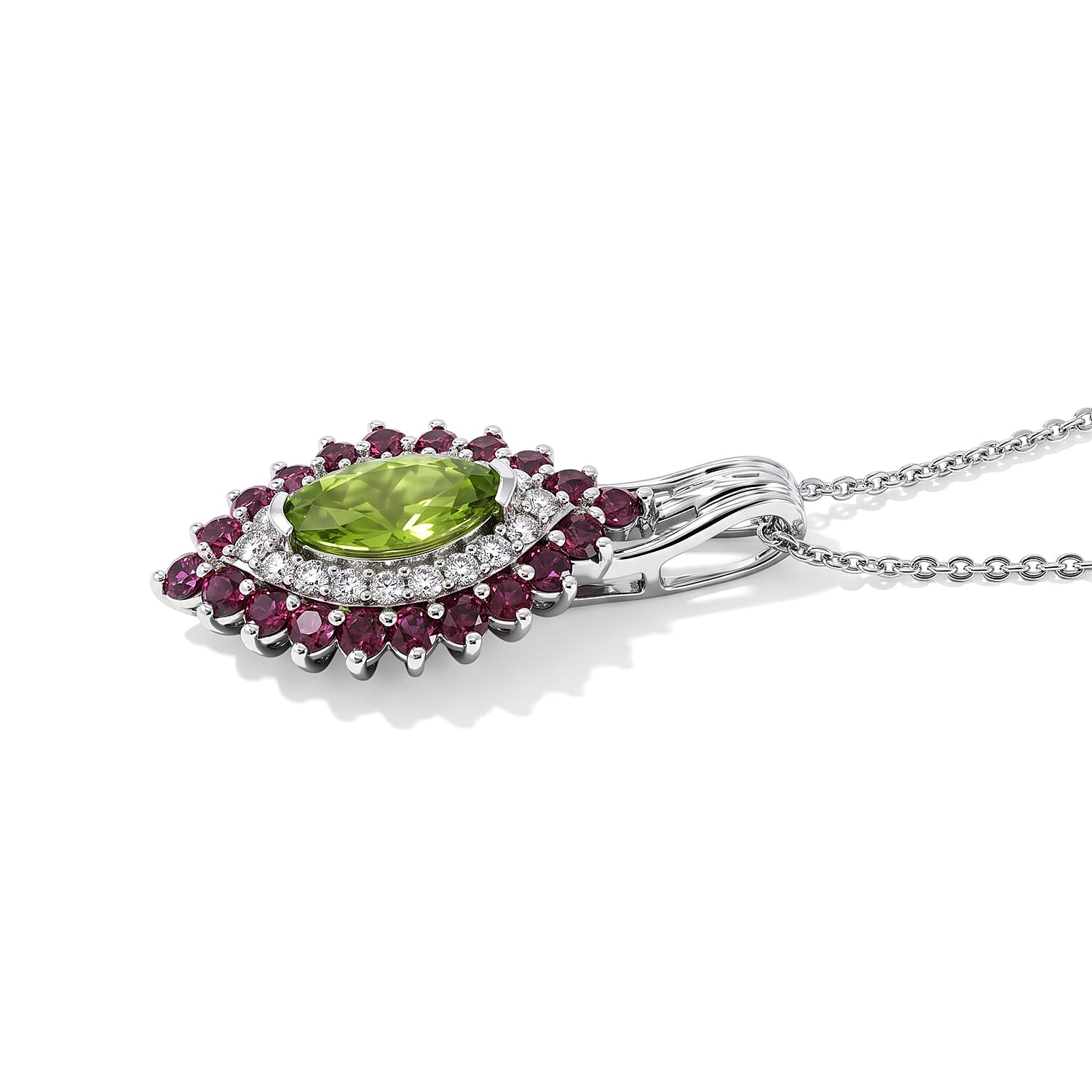 D'Joy Premium Hebei Peridot and Multi Gemstone 2.50 ctw Pendant Necklace in Rhodium Over Sterling Silver 20 Inches